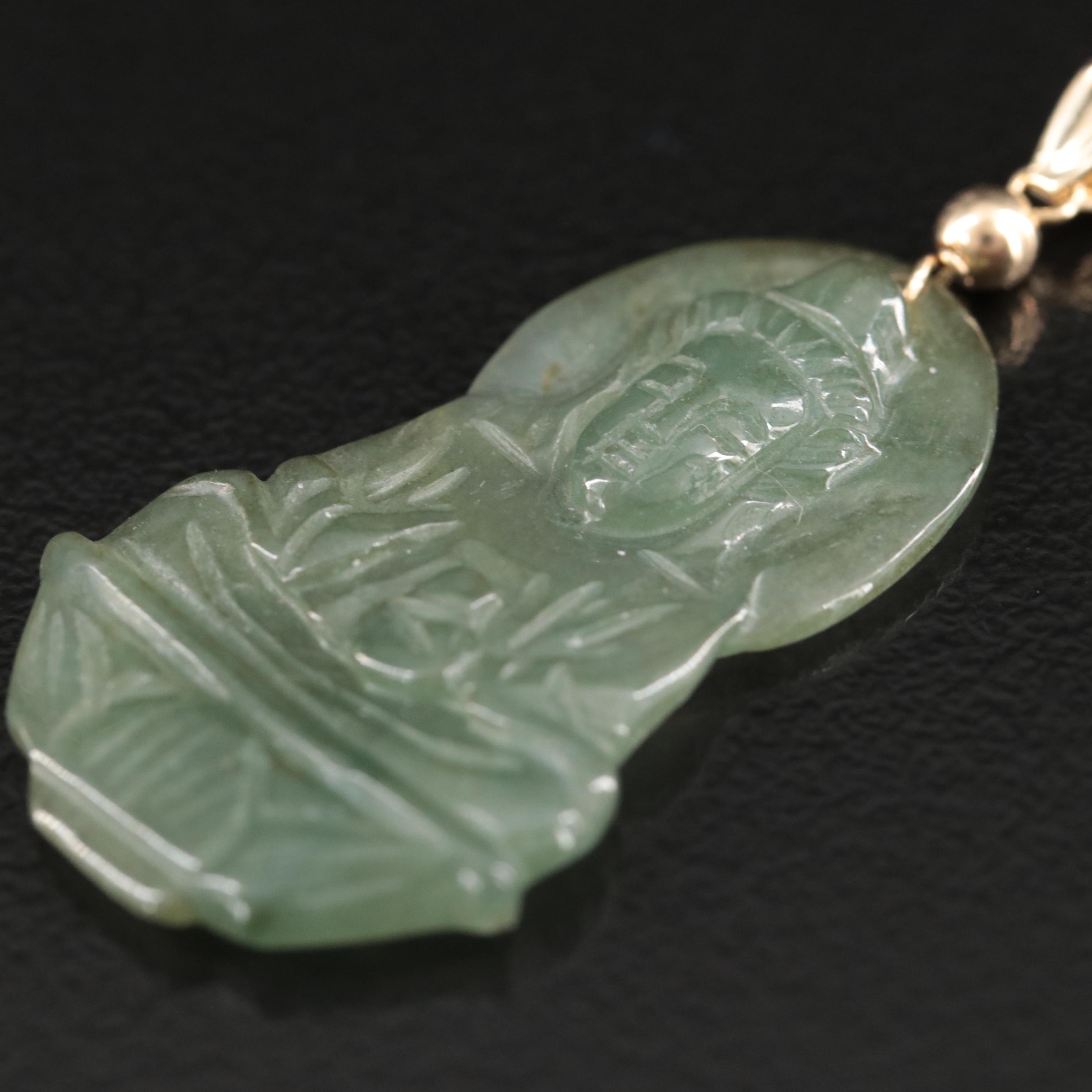 14K Carved Jadeite Quan Yin Pendant Necklace