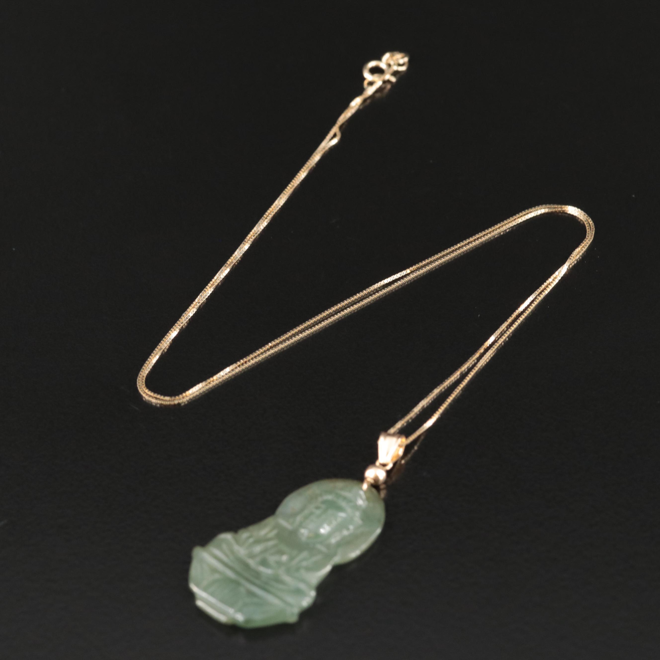 14K Carved Jadeite Quan Yin Pendant Necklace
