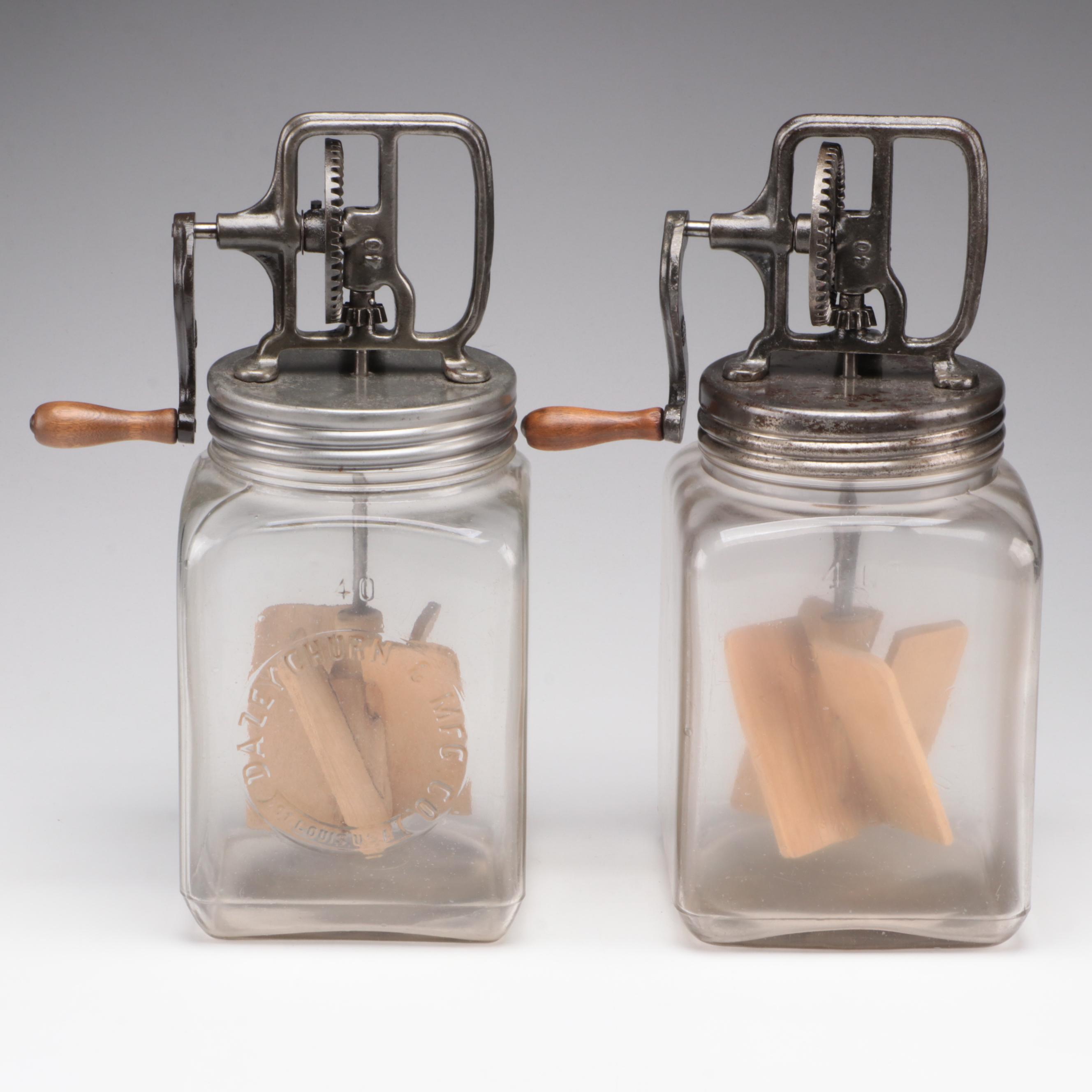 Dazey Churn & Mfg. Co. 4 Quart Glass and Metal Butter Churns, Early 20th Century