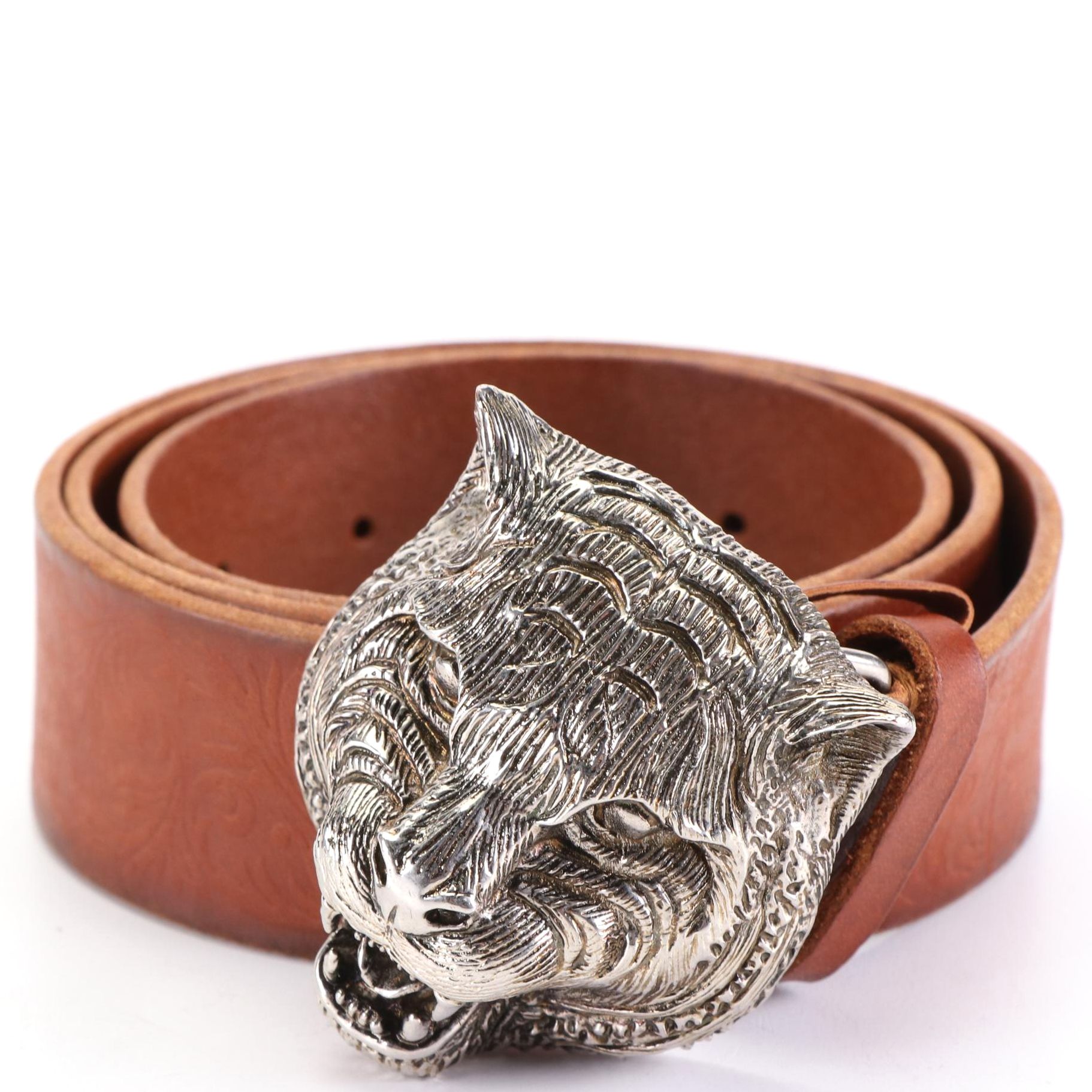 Gucci Tiger Head Belt in Embossed Cognac Brown Leather