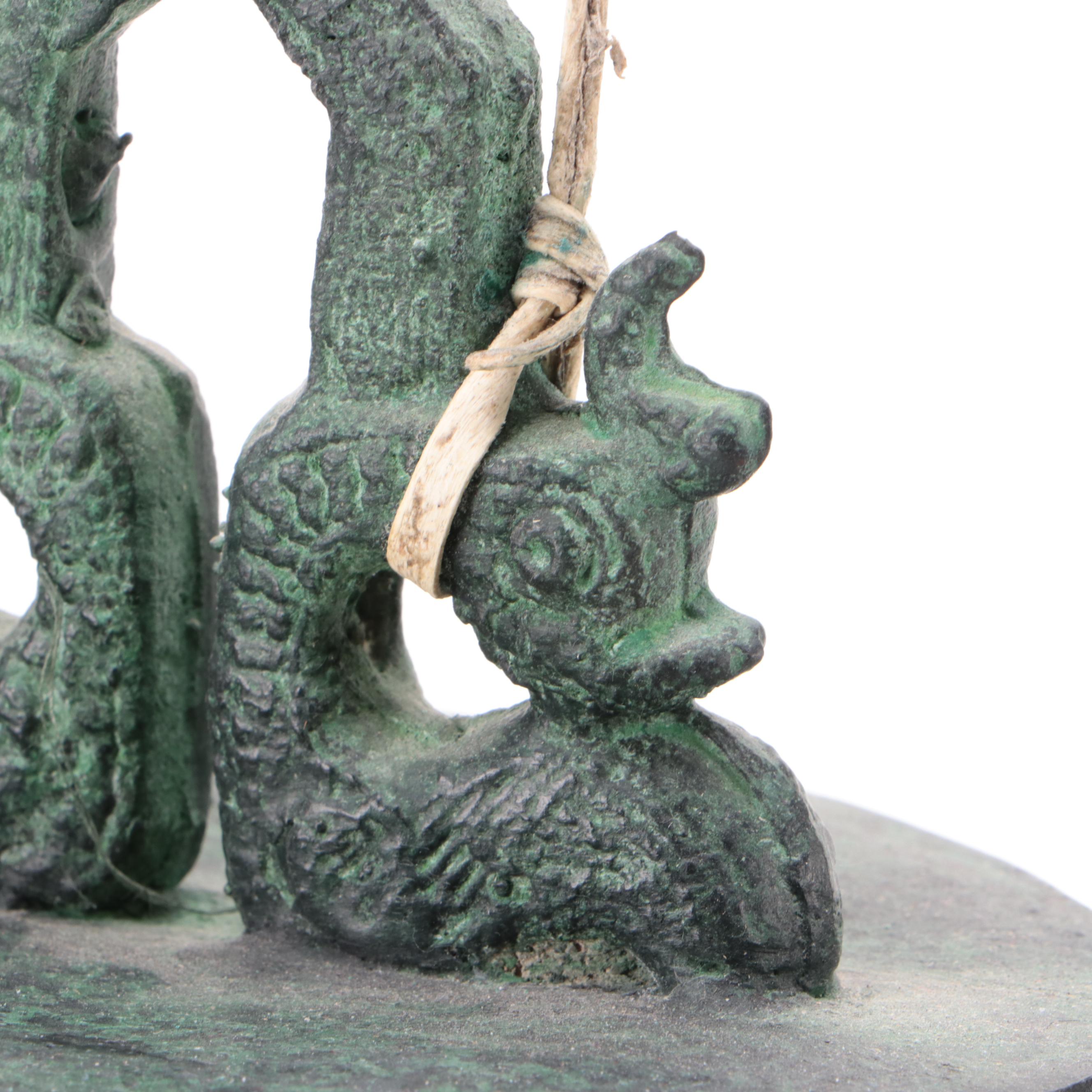 Chinese Archaistic Style Cast Metal Bell with Carved Hardwood Stand