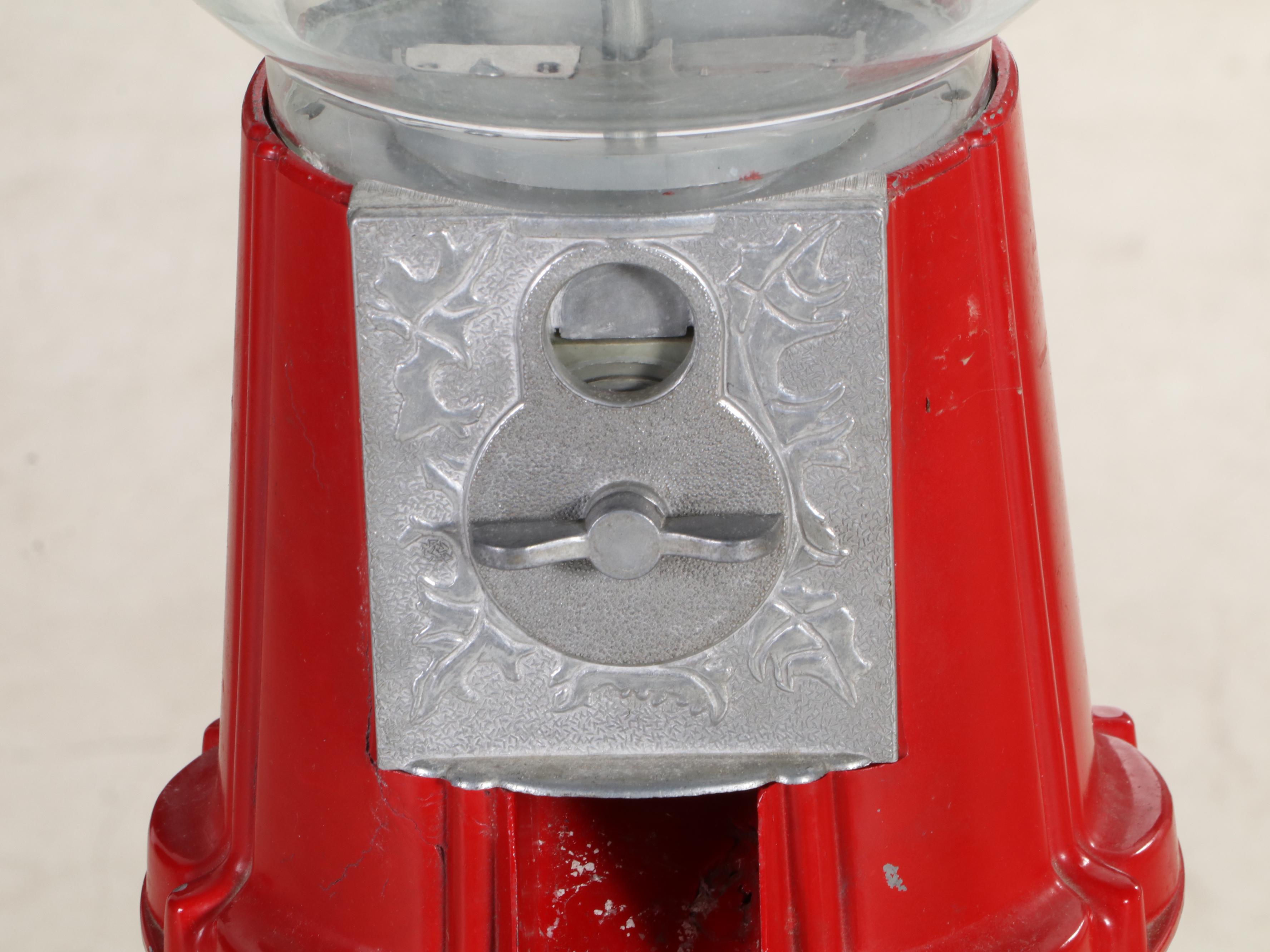 Red Painted Cast Iron and Glass Gumball Machine