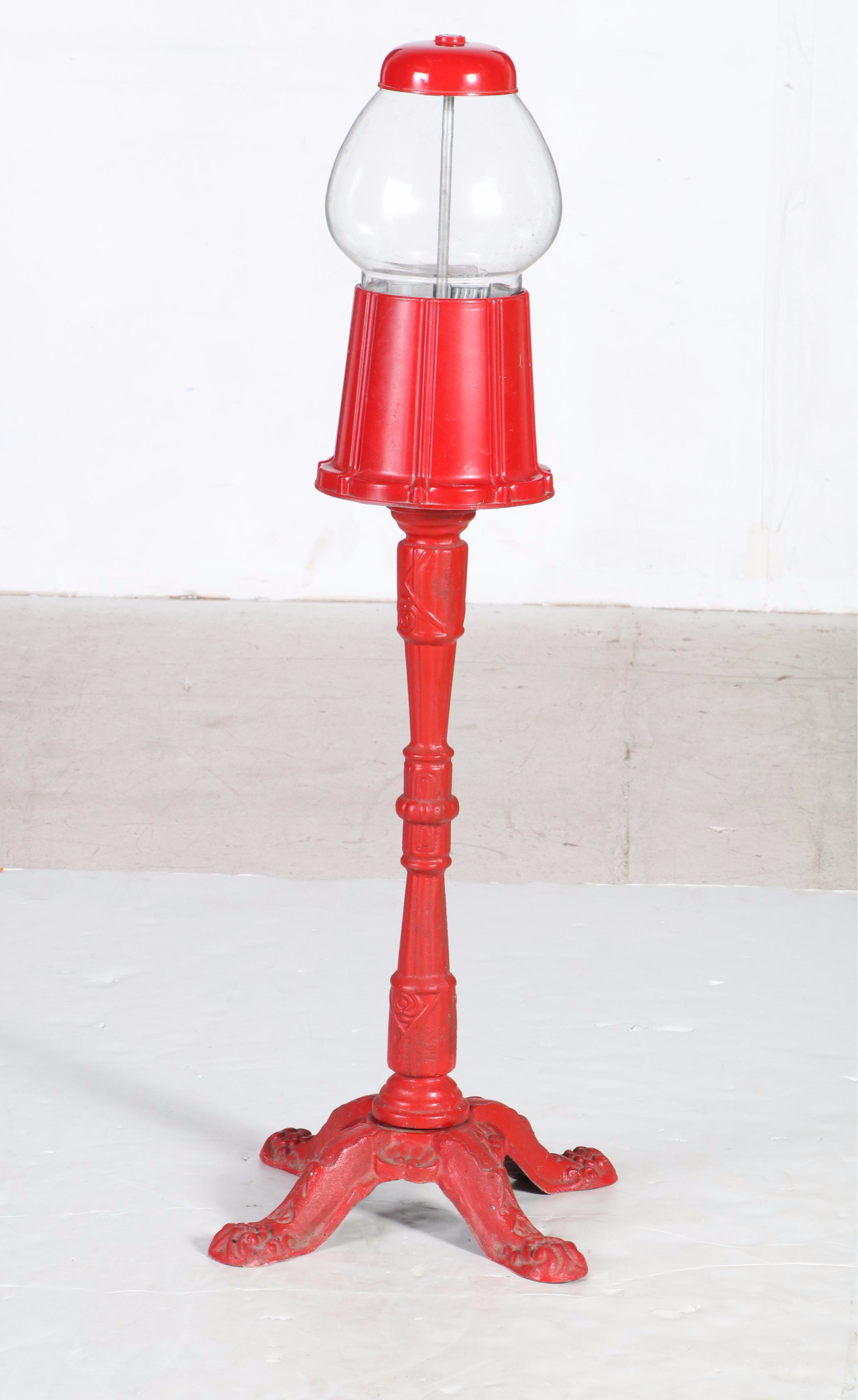 Red Painted Cast Iron and Glass Gumball Machine