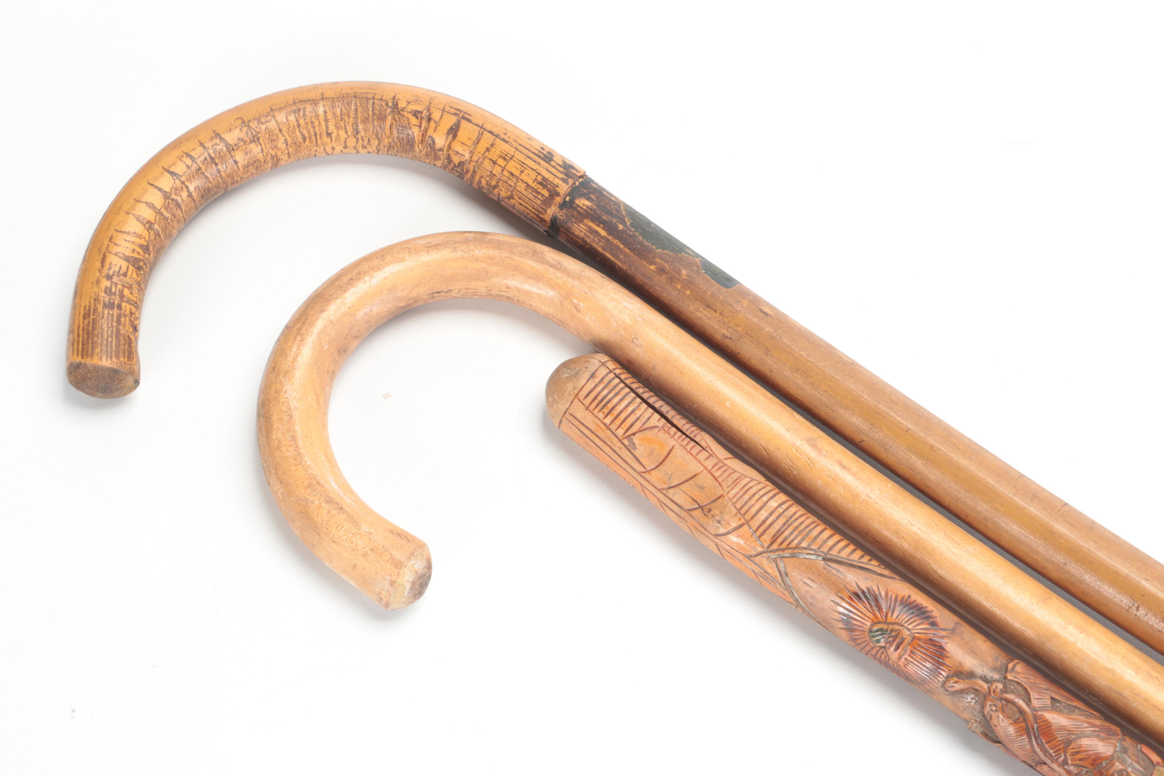 Mexican and Other Hook Handled Wooden Canes and Walking Stick