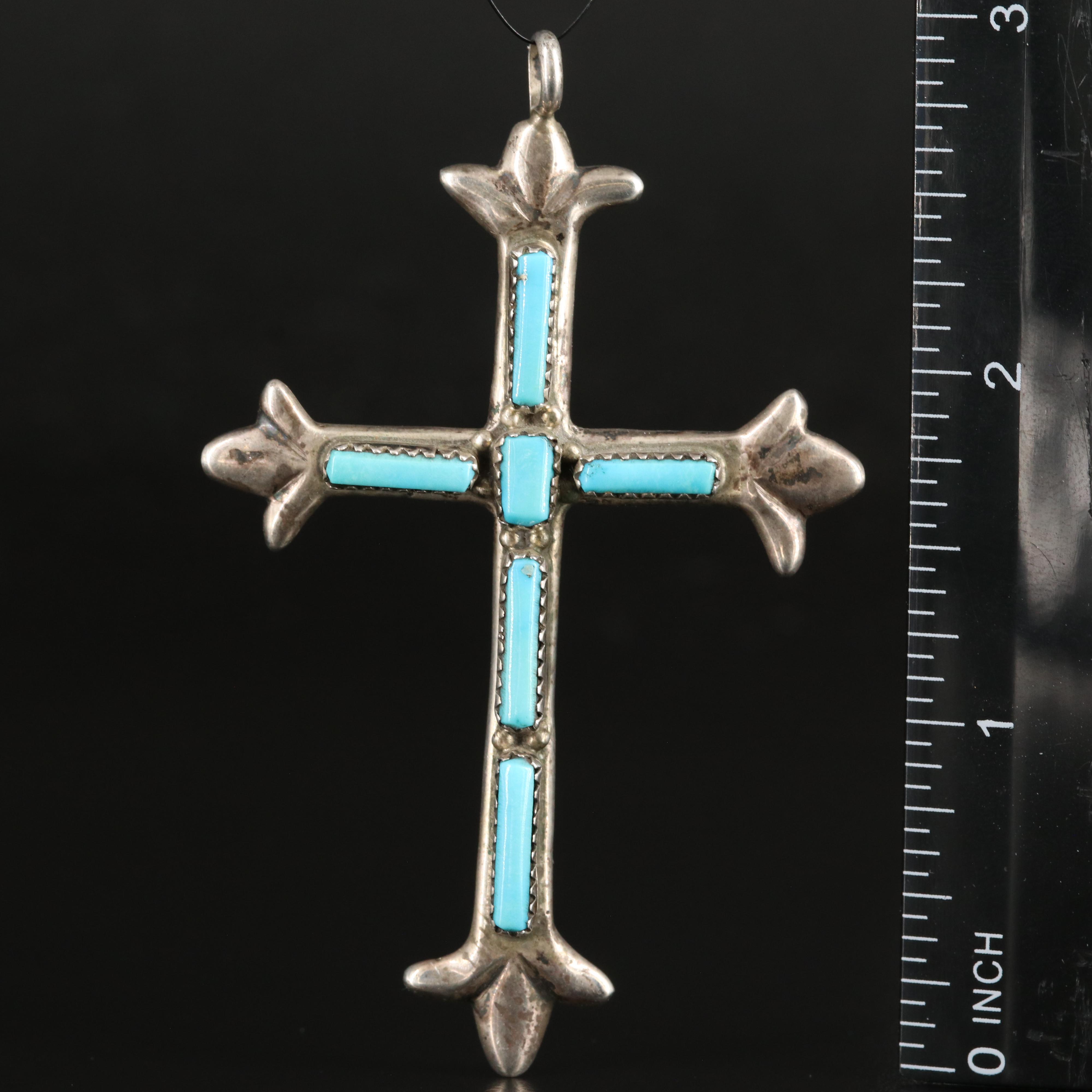George and Lupe Leekity Zuni Sterling Turquoise Cross Pendant