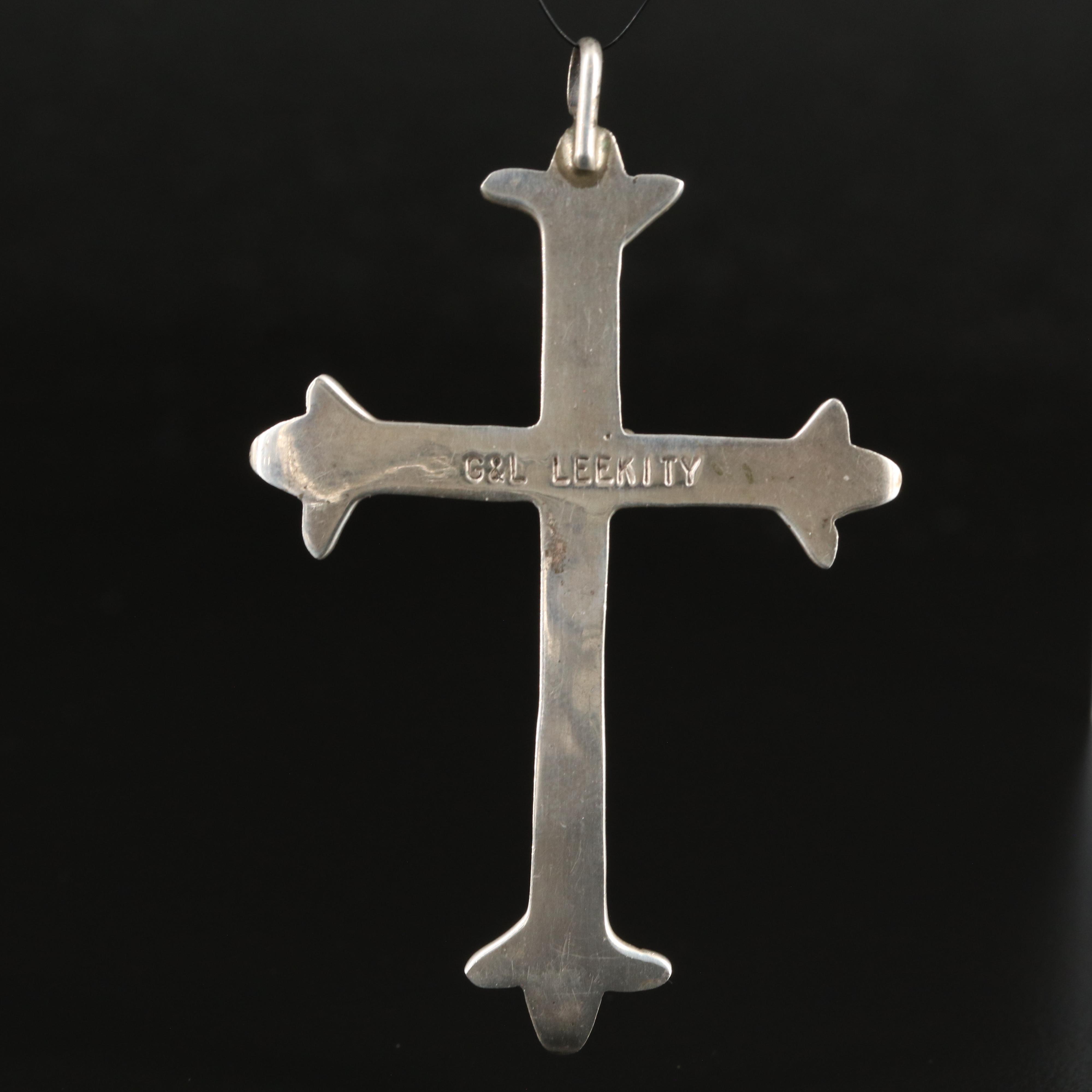George and Lupe Leekity Zuni Sterling Turquoise Cross Pendant
