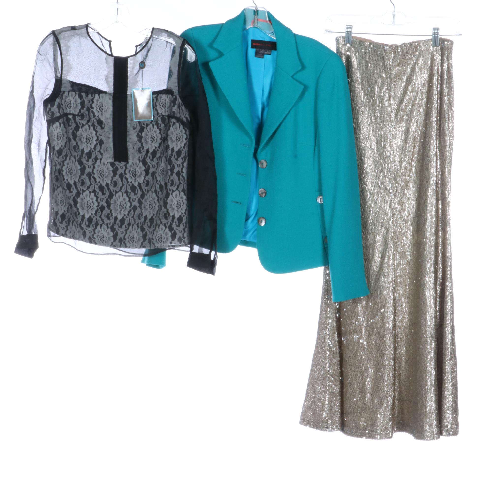 Line & Dot Gold Sequin Maxi Skirt with Nina McLemore Blazer and Other Tops