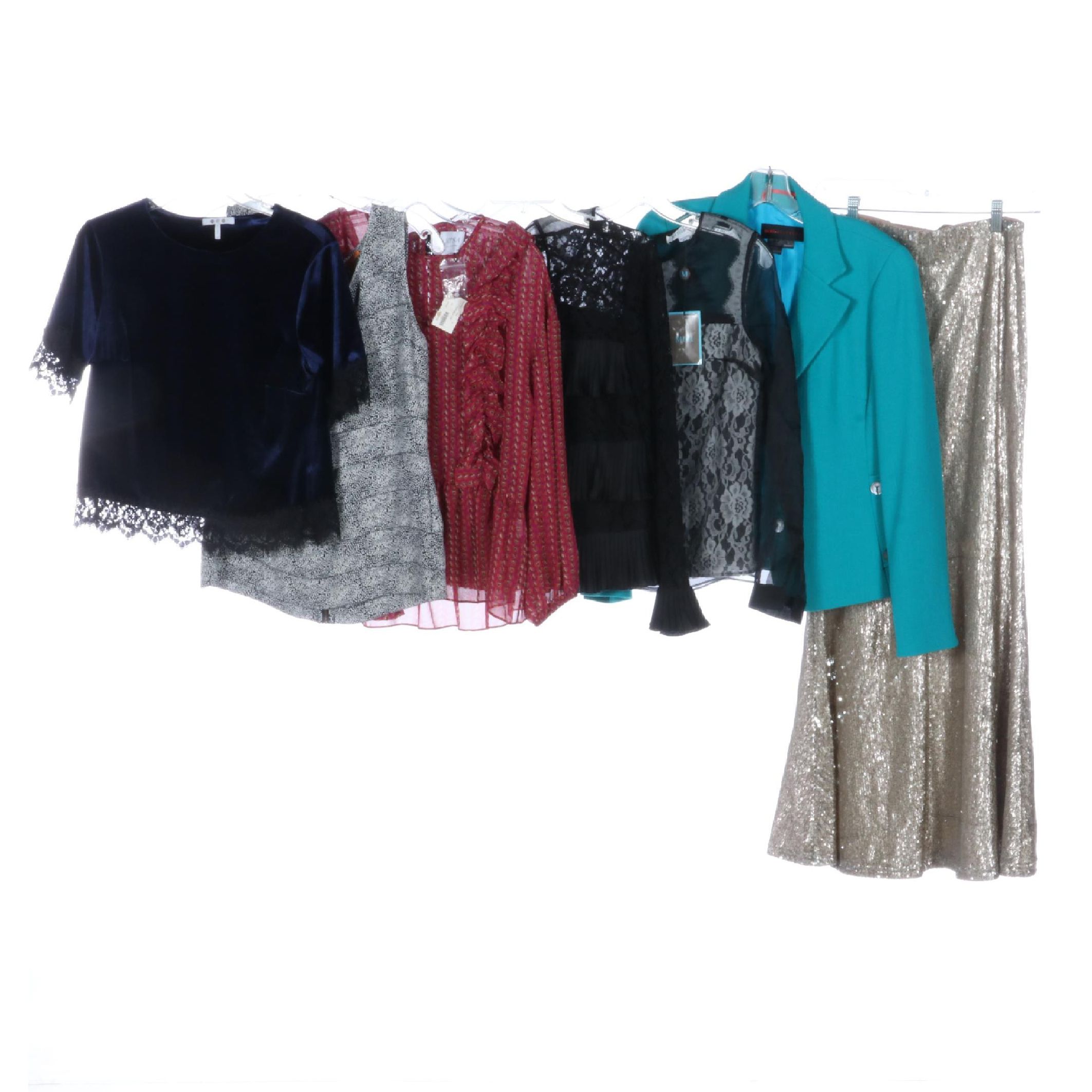 Line & Dot Gold Sequin Maxi Skirt with Nina McLemore Blazer and Other Tops