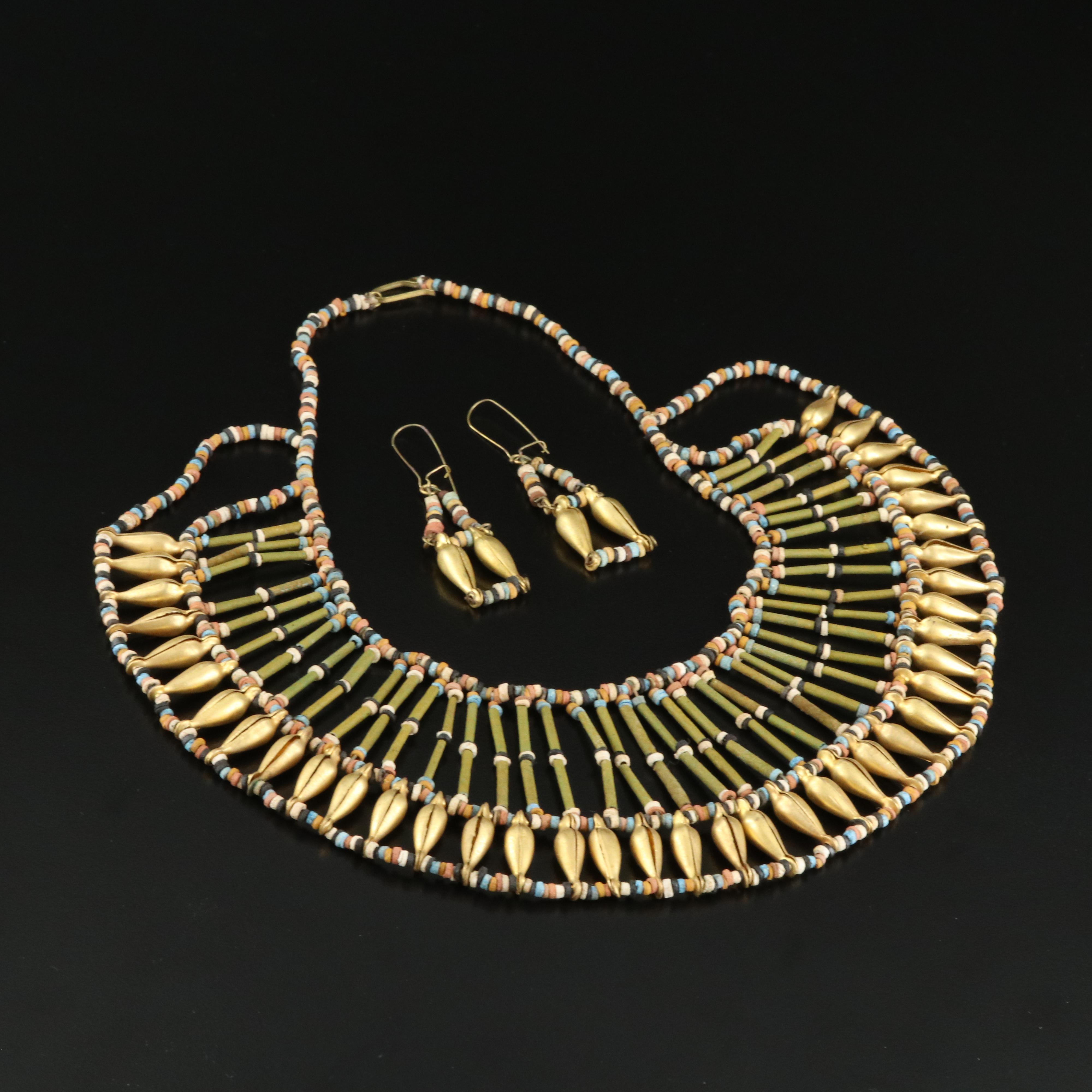 Vintage Egyptian Faience Bead Bib Necklace and Earring Set