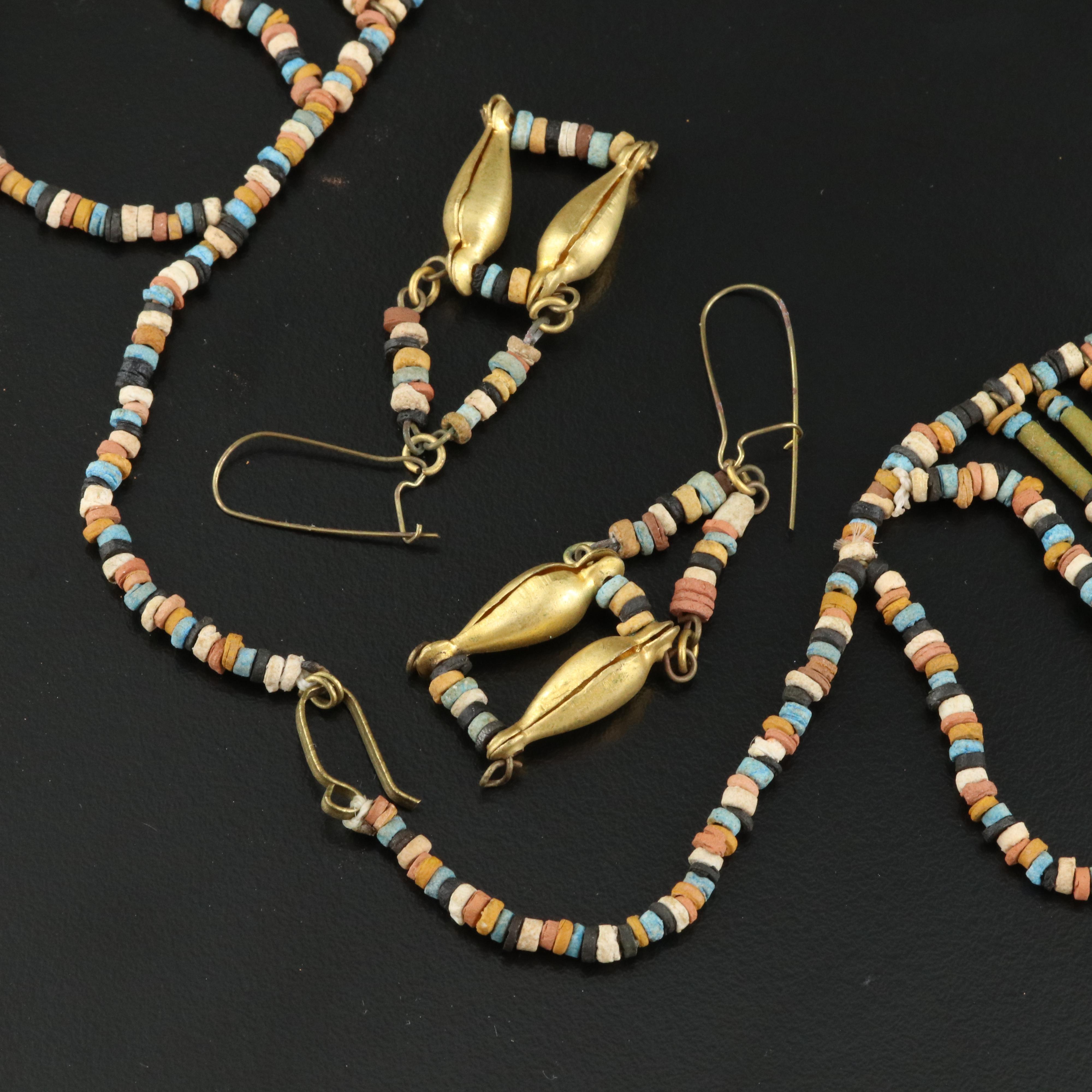 Vintage Egyptian Faience Bead Bib Necklace and Earring Set