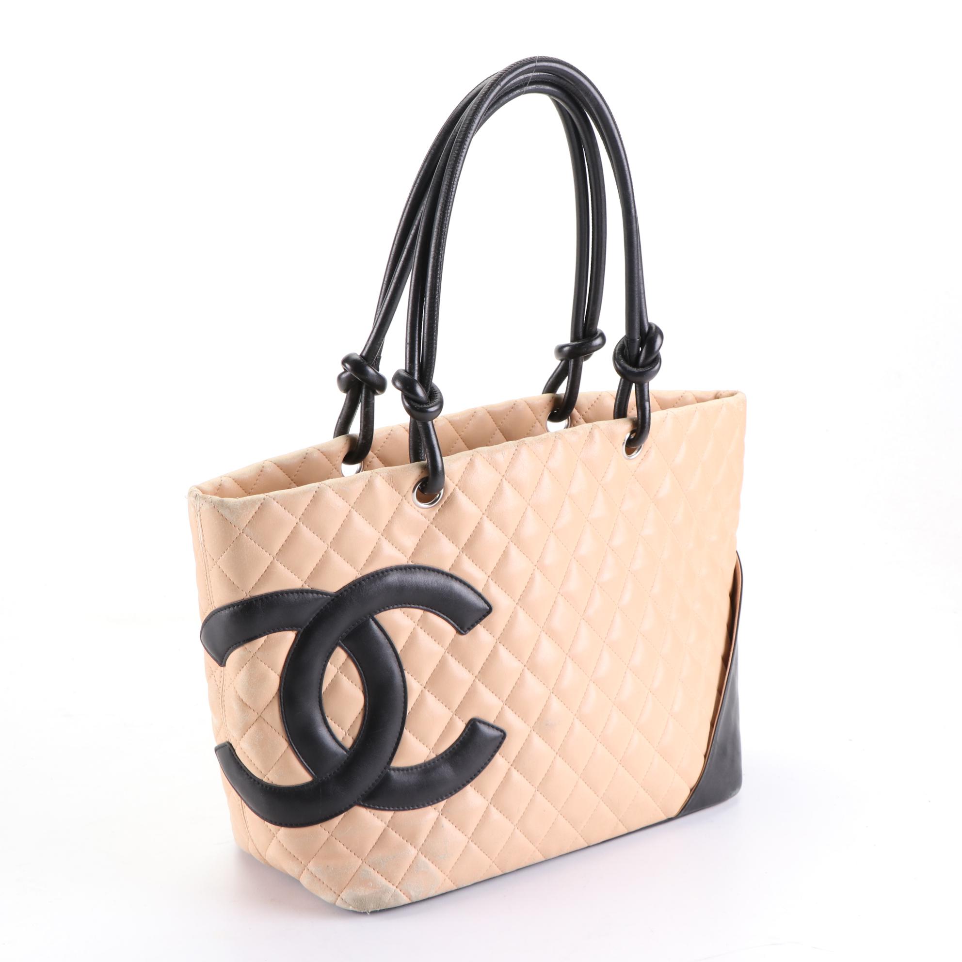 Chanel Cambon Ligne Tote Bag in Beige Quilted and Smooth Black Lambskin Leather