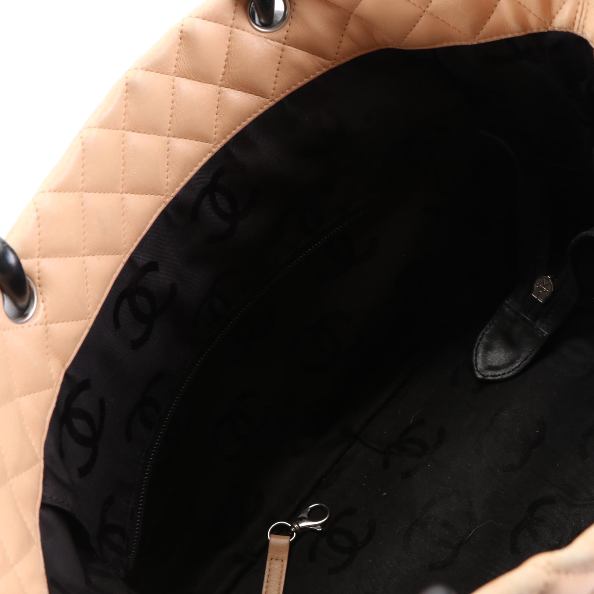 Chanel Cambon Ligne Tote Bag in Beige Quilted and Smooth Black Lambskin Leather