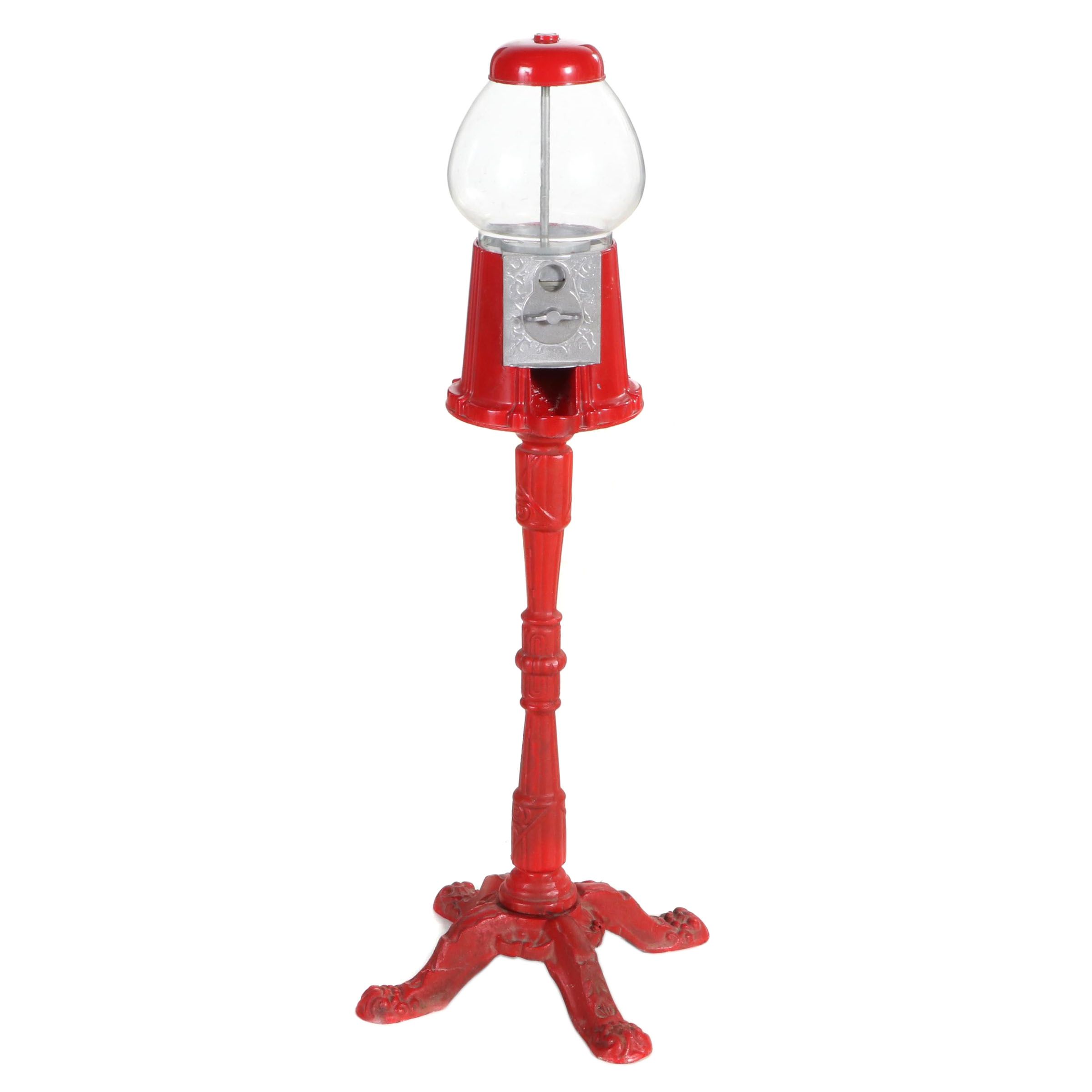 Red Painted Cast Iron and Glass Gumball Machine
