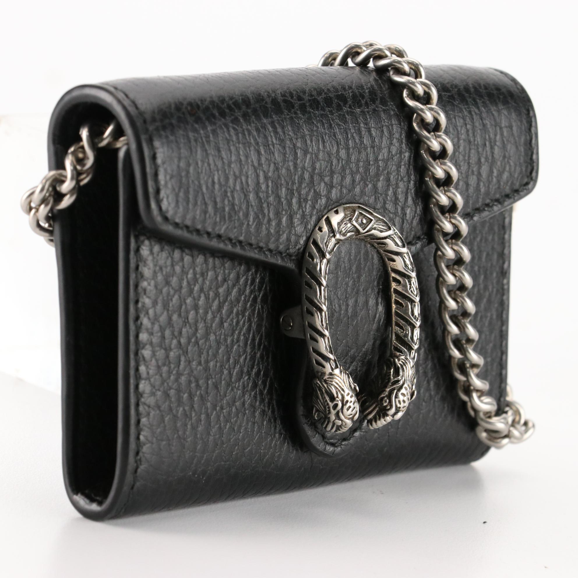 Gucci Dionysus Coin Purse in Black Grained Leather with Chain Strap