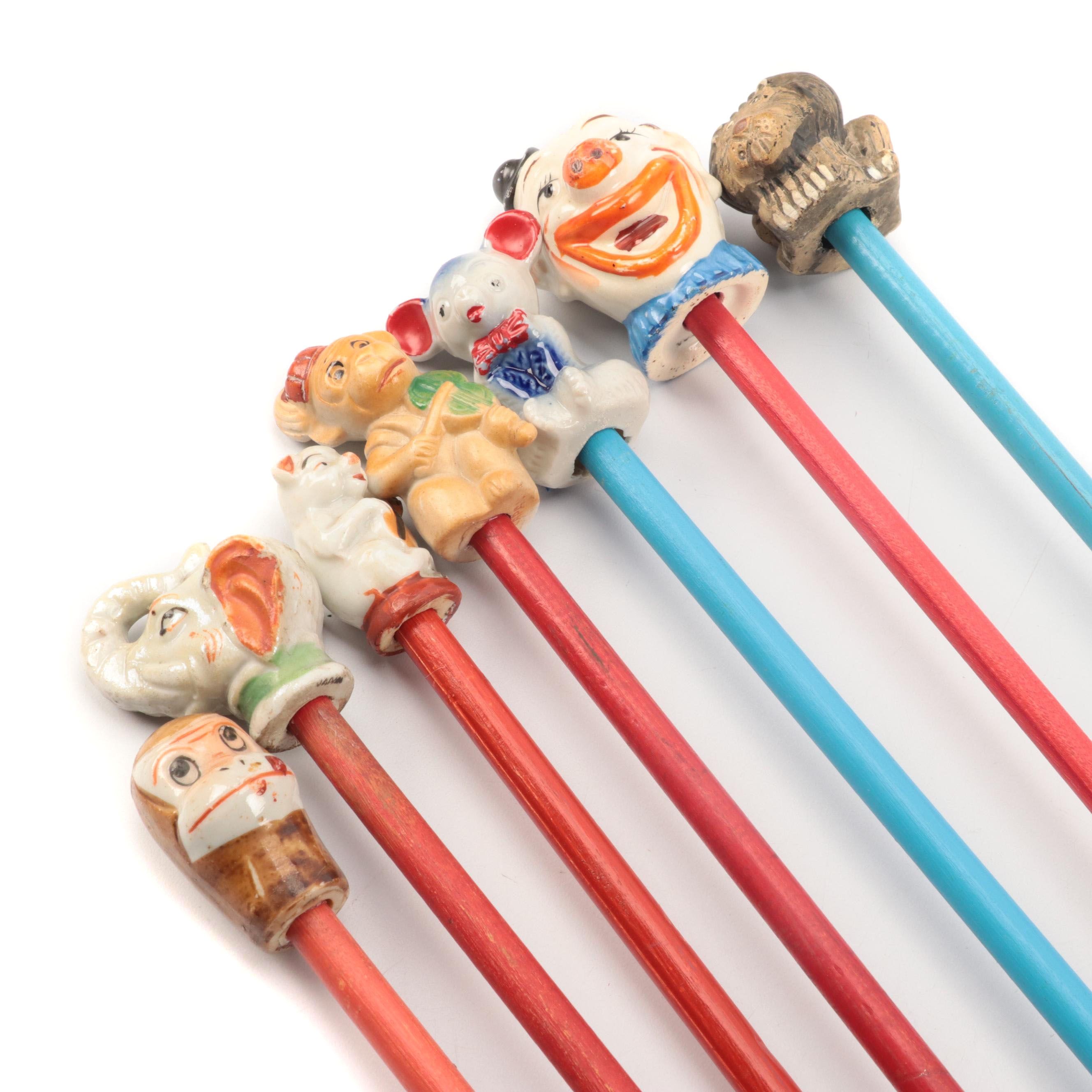 Elephant, Monkey, Pig, and More Carnival Cane Sticks, Early to Mid-20th Century