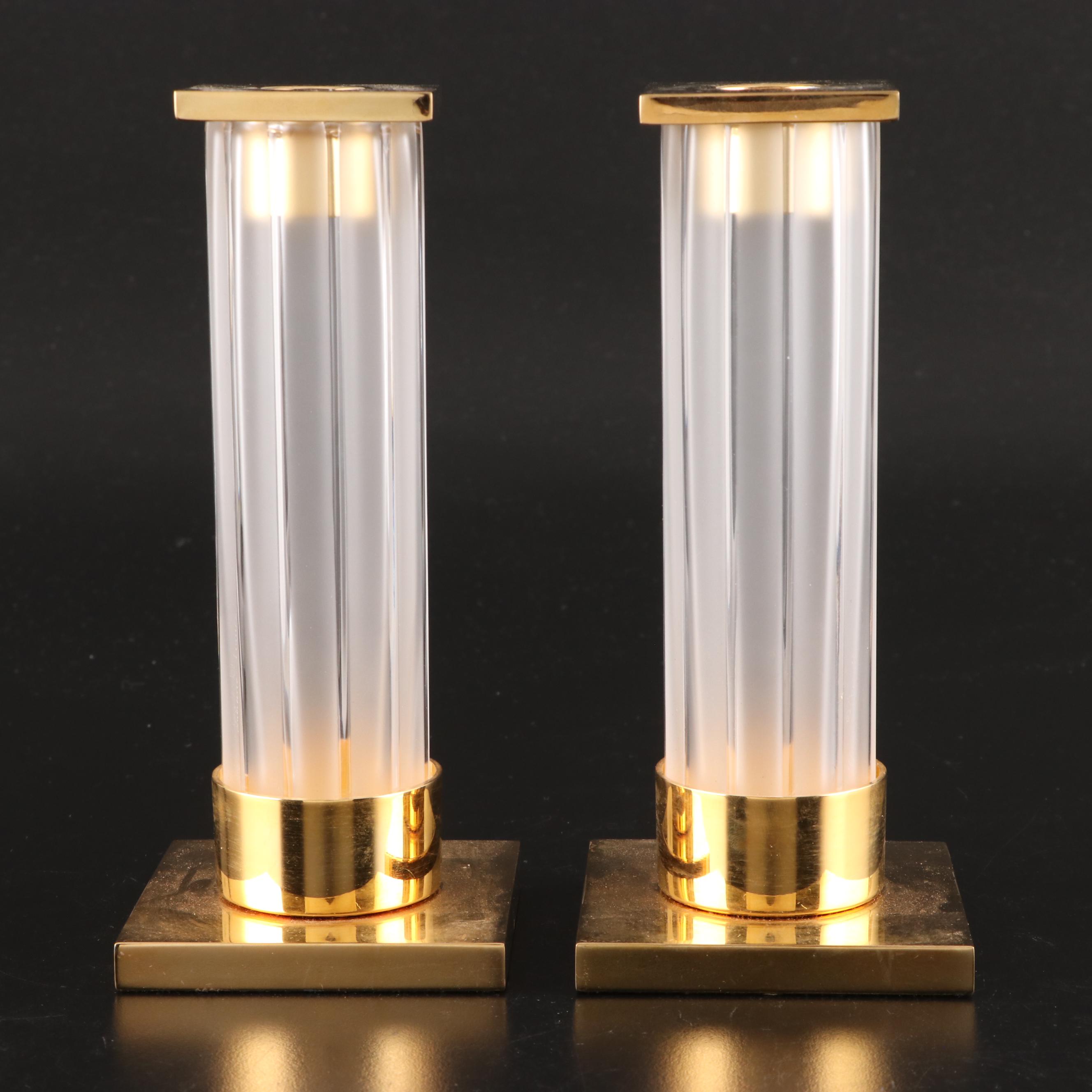 Lalique "Orgue" Frosted Crystal and Brass Candlestick Pair
