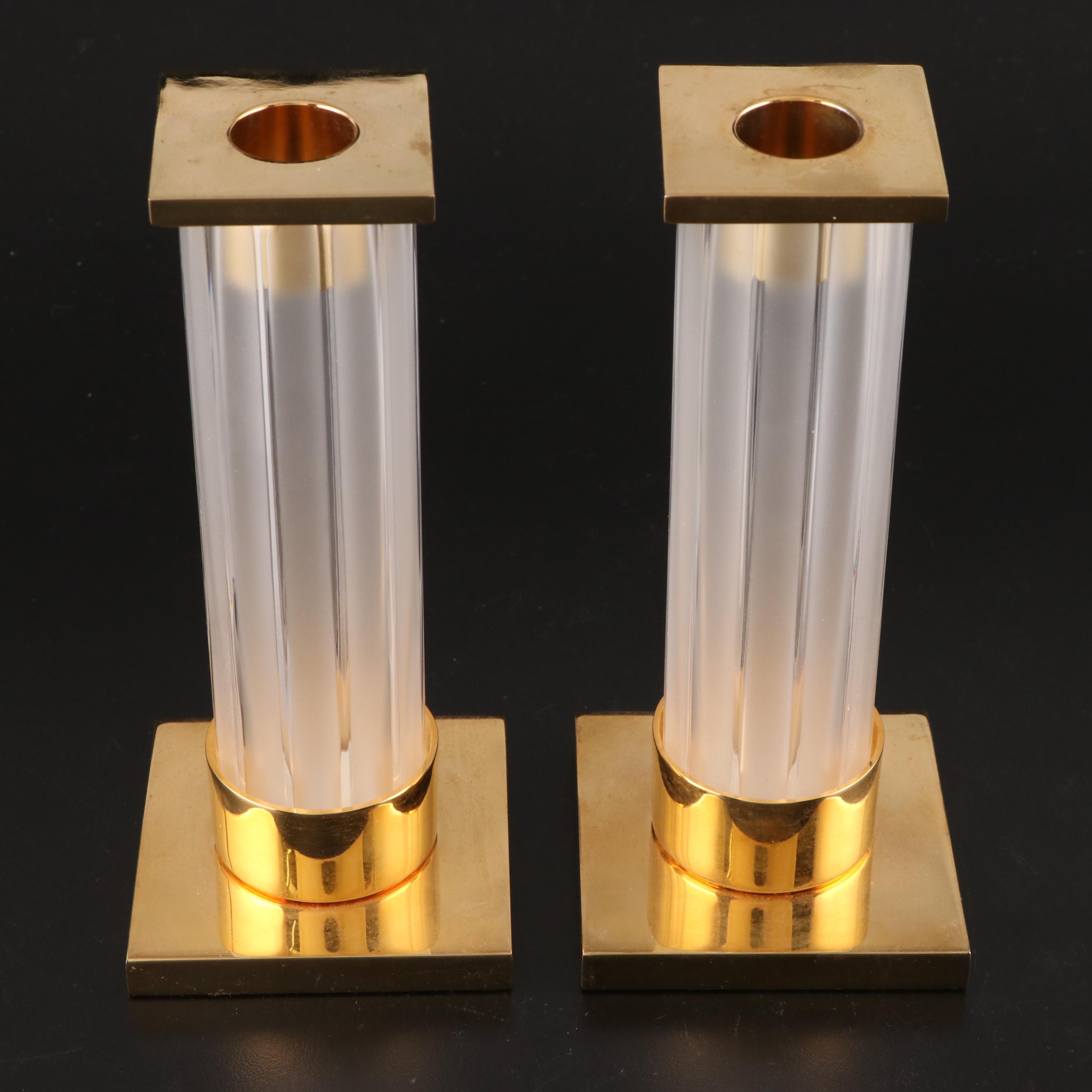 Lalique "Orgue" Frosted Crystal and Brass Candlestick Pair