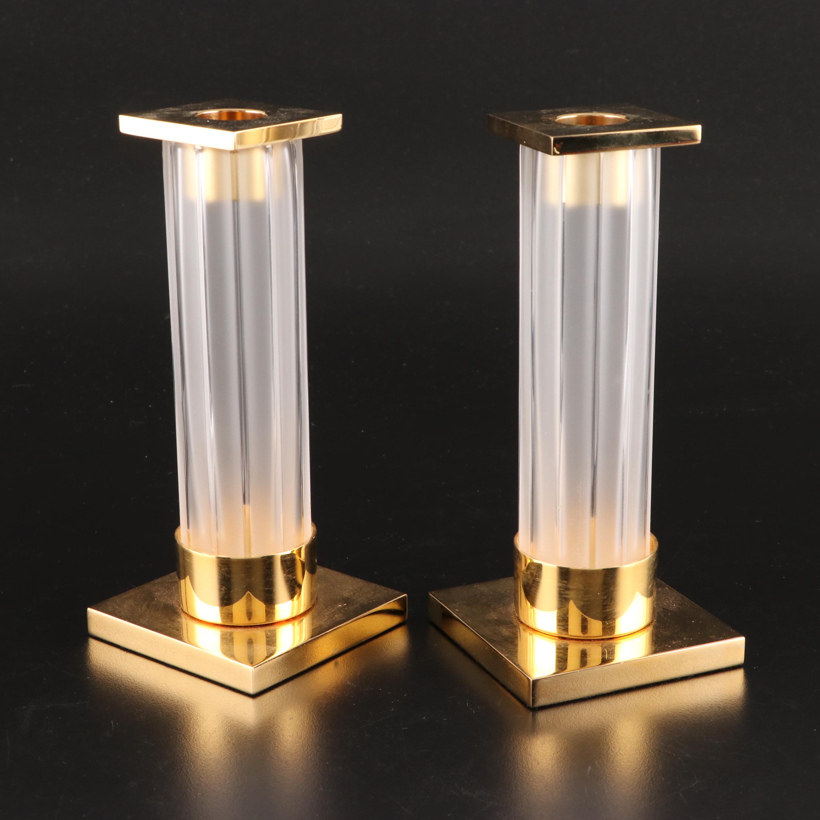 Lalique "Orgue" Frosted Crystal and Brass Candlestick Pair