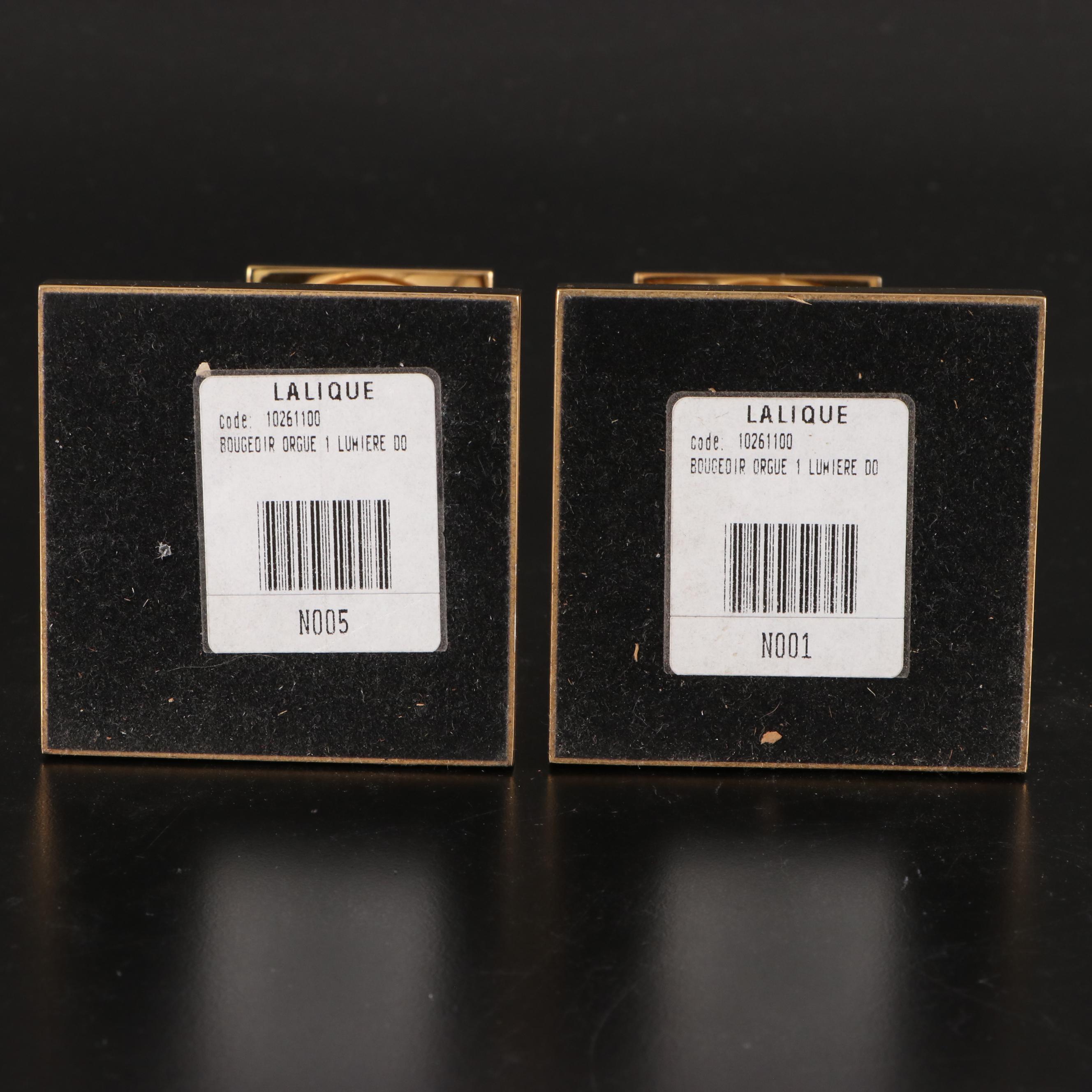 Lalique "Orgue" Frosted Crystal and Brass Candlestick Pair