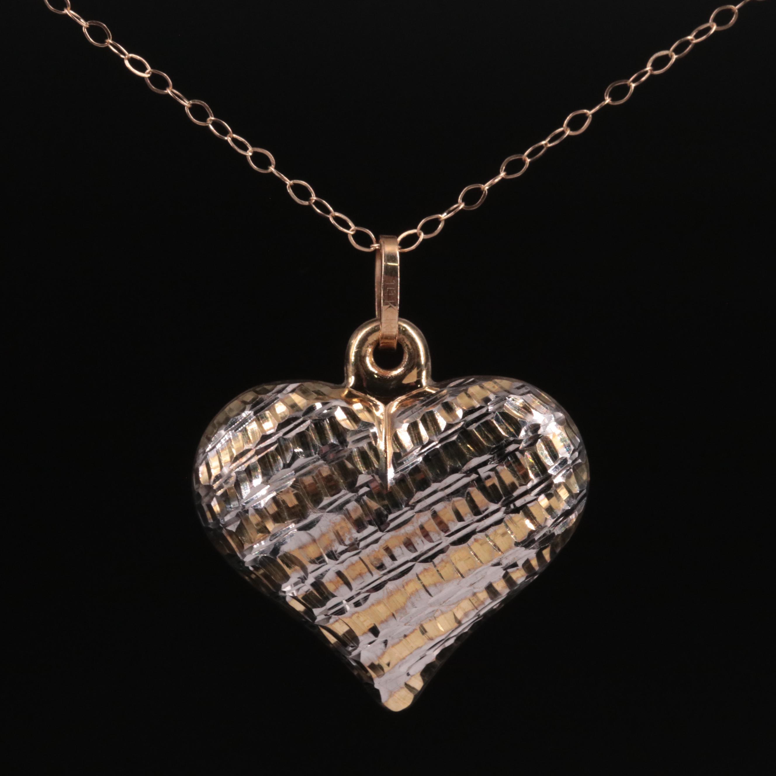10K Diamond Cut Puffed Heart Pendant Necklace