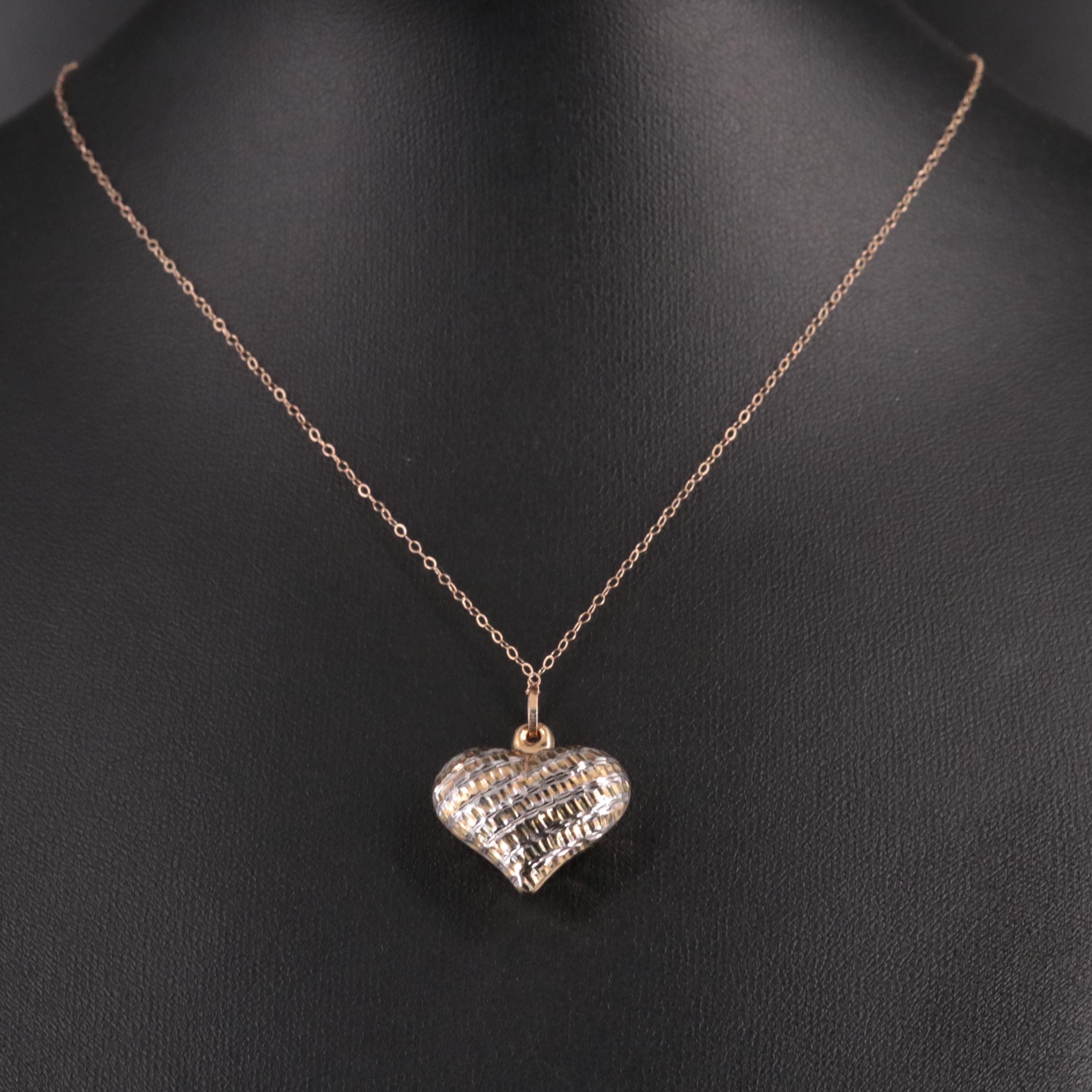 10K Diamond Cut Puffed Heart Pendant Necklace