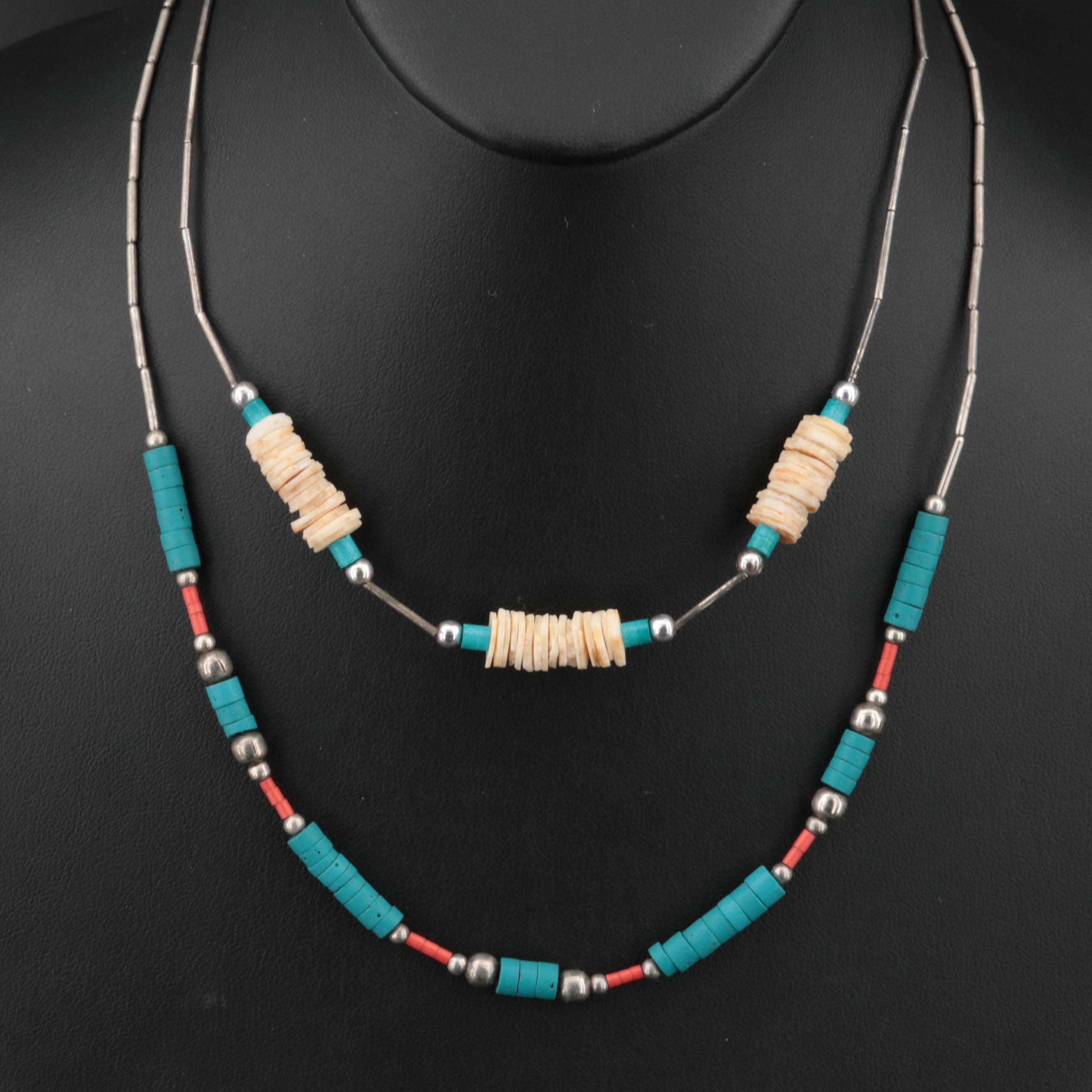 Beaded Necklace with Turquoise, Faux Coral and Faux Turquoise