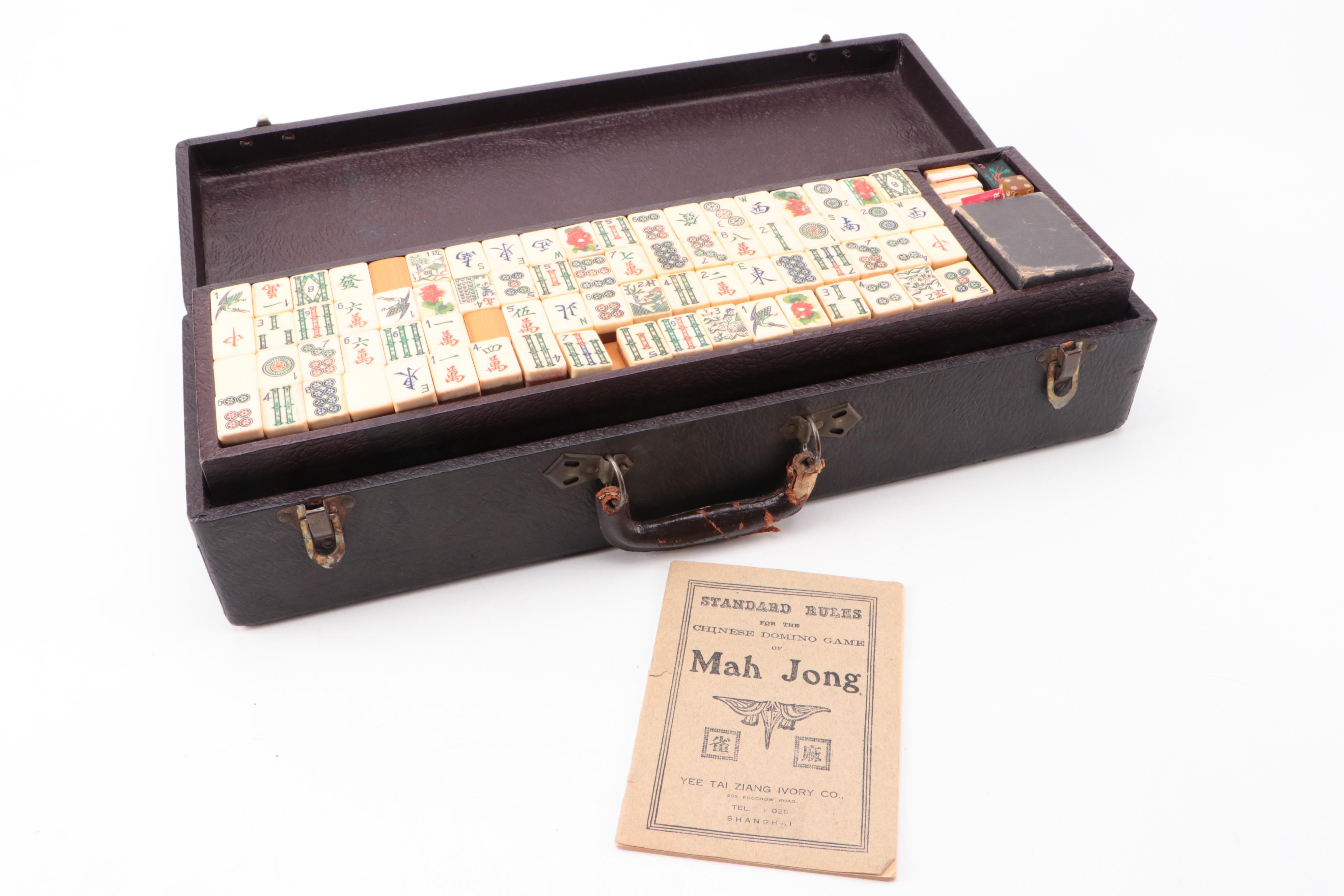 Mahjong Bone/Bamboo Tiles with Scoring Chips and Wooden Racks in Case