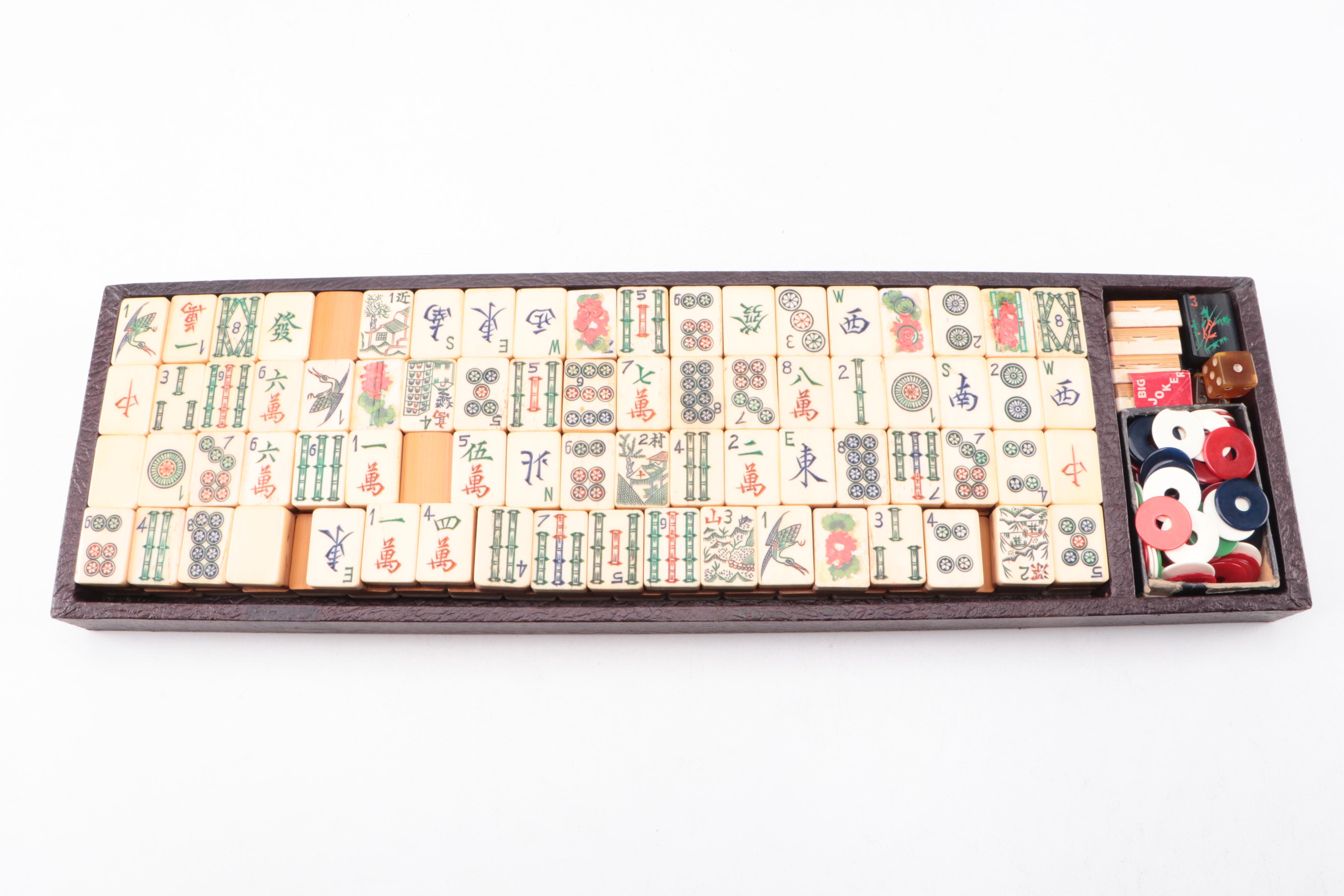 Mahjong Bone/Bamboo Tiles with Scoring Chips and Wooden Racks in Case