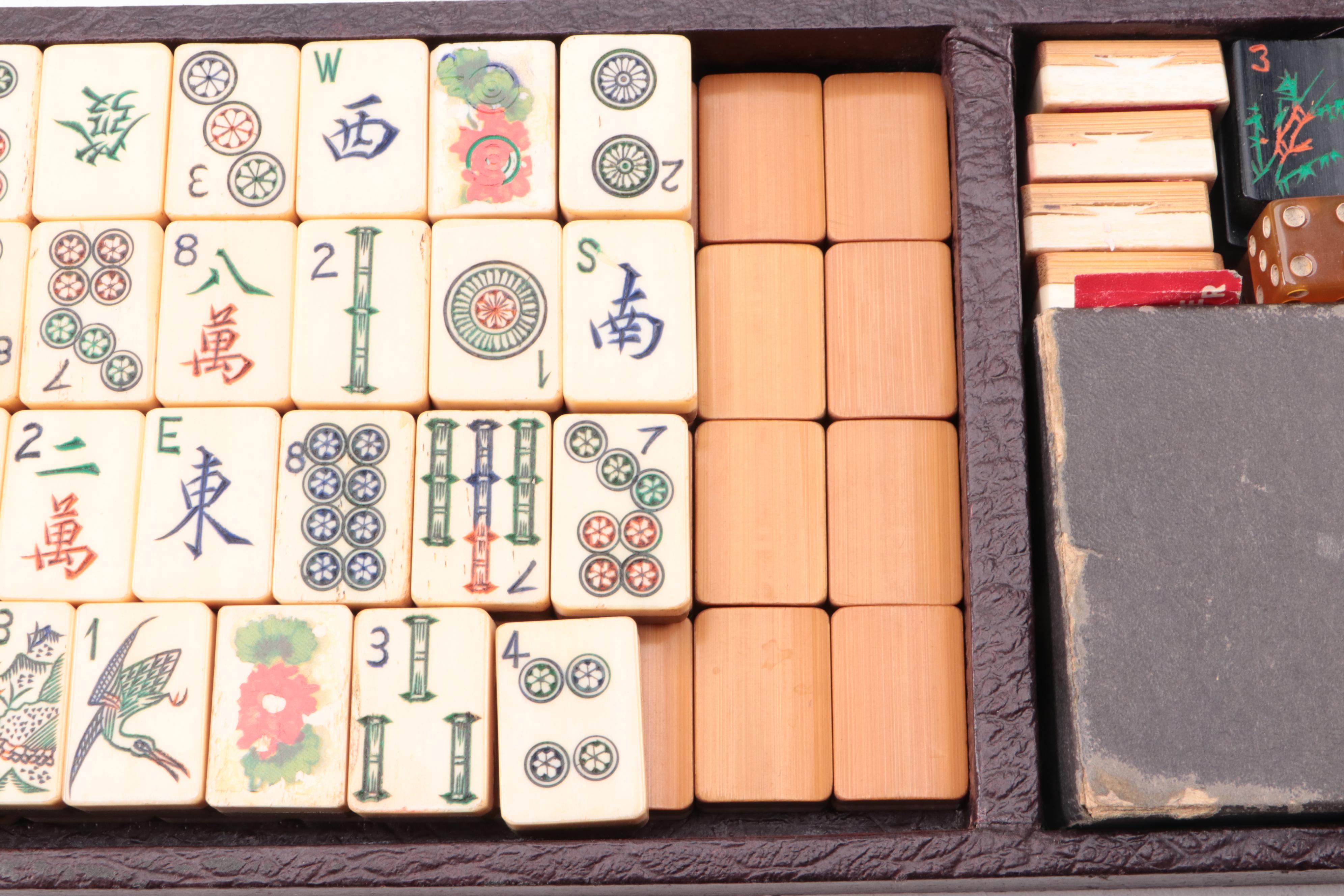 Mahjong Bone/Bamboo Tiles with Scoring Chips and Wooden Racks in Case