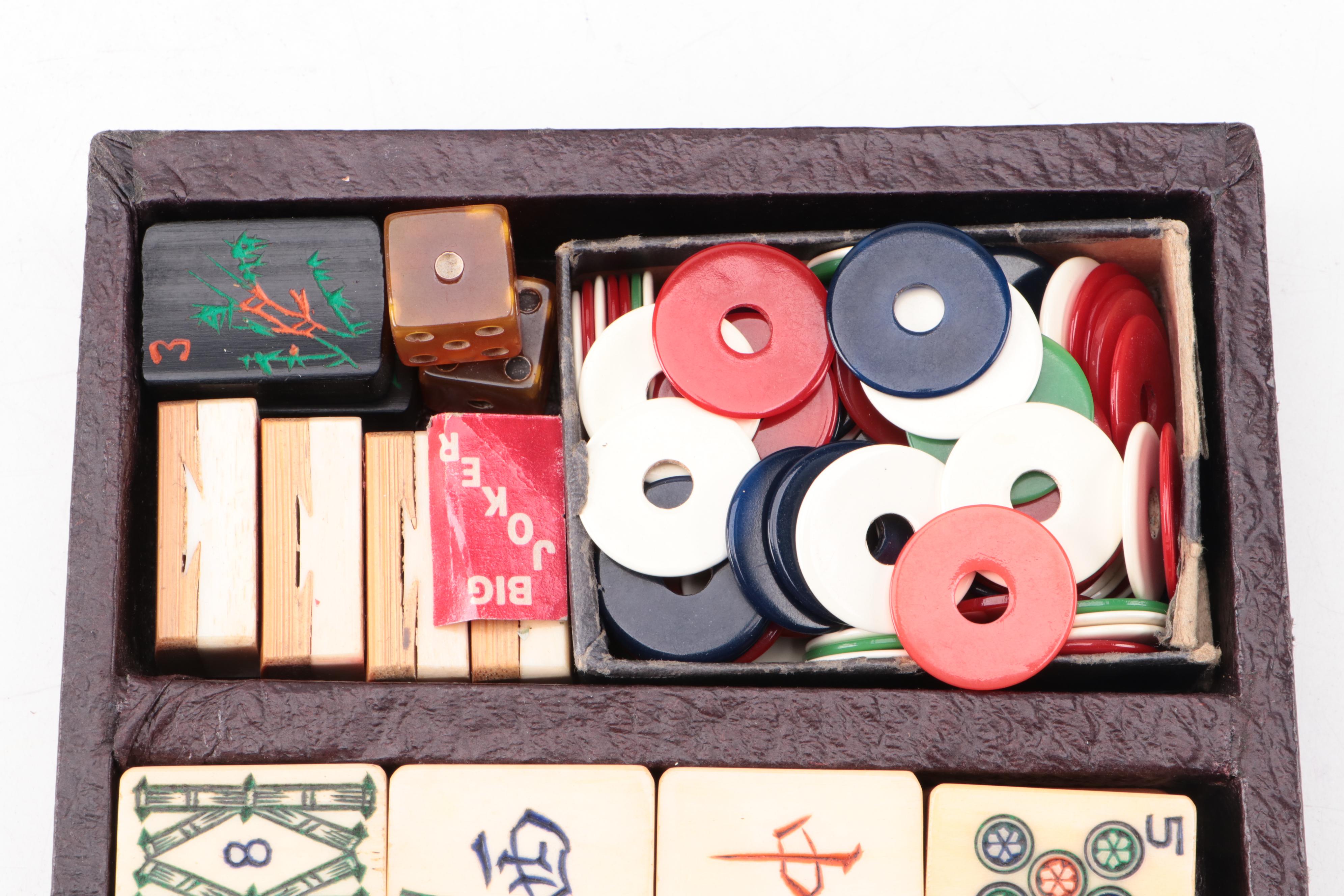 Mahjong Bone/Bamboo Tiles with Scoring Chips and Wooden Racks in Case