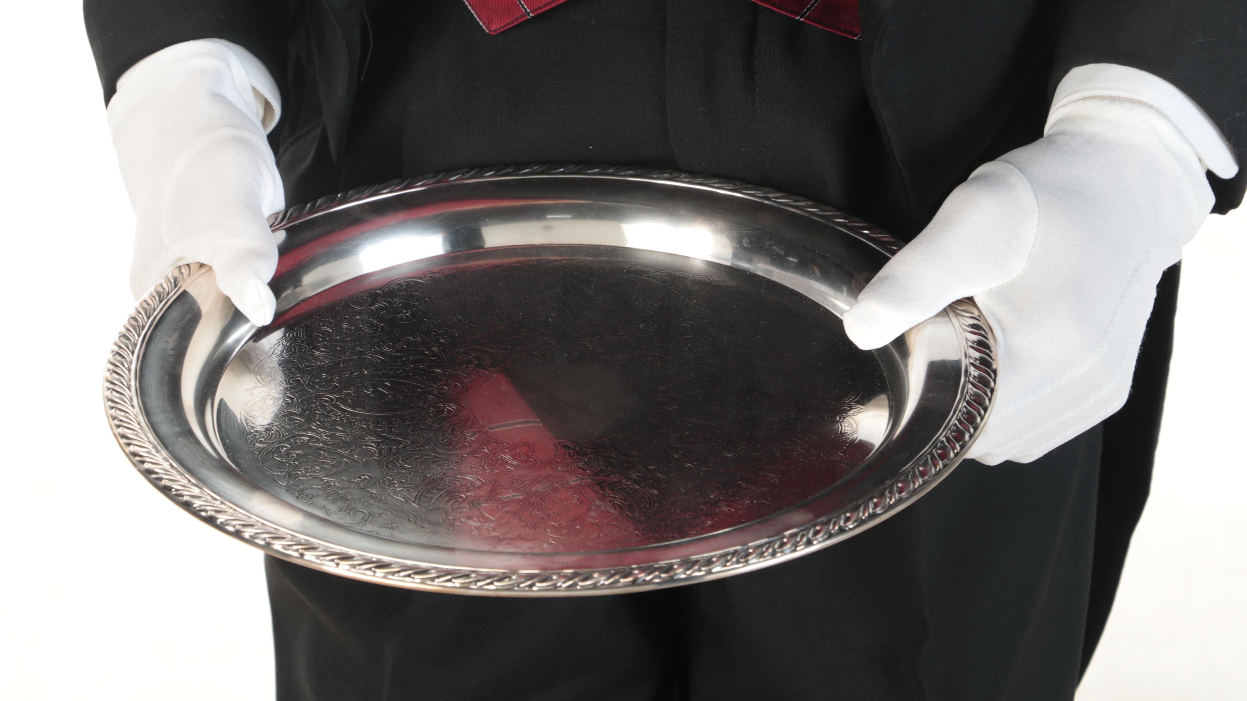 Hyper Realistic Life-Sized Mixed Media Sculpture of Butler With Serving Tray