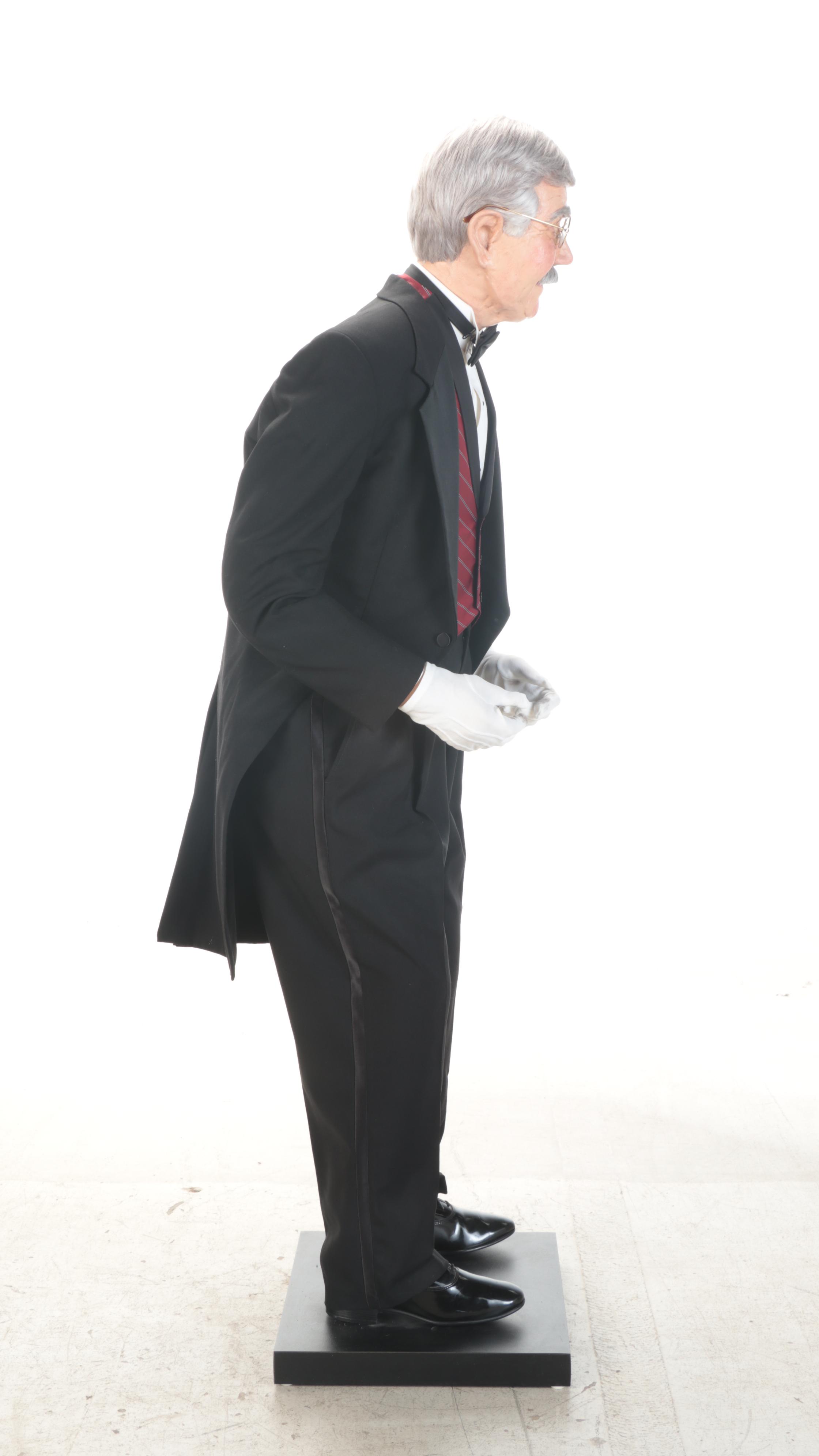 Hyper Realistic Life-Sized Mixed Media Sculpture of Butler With Serving Tray