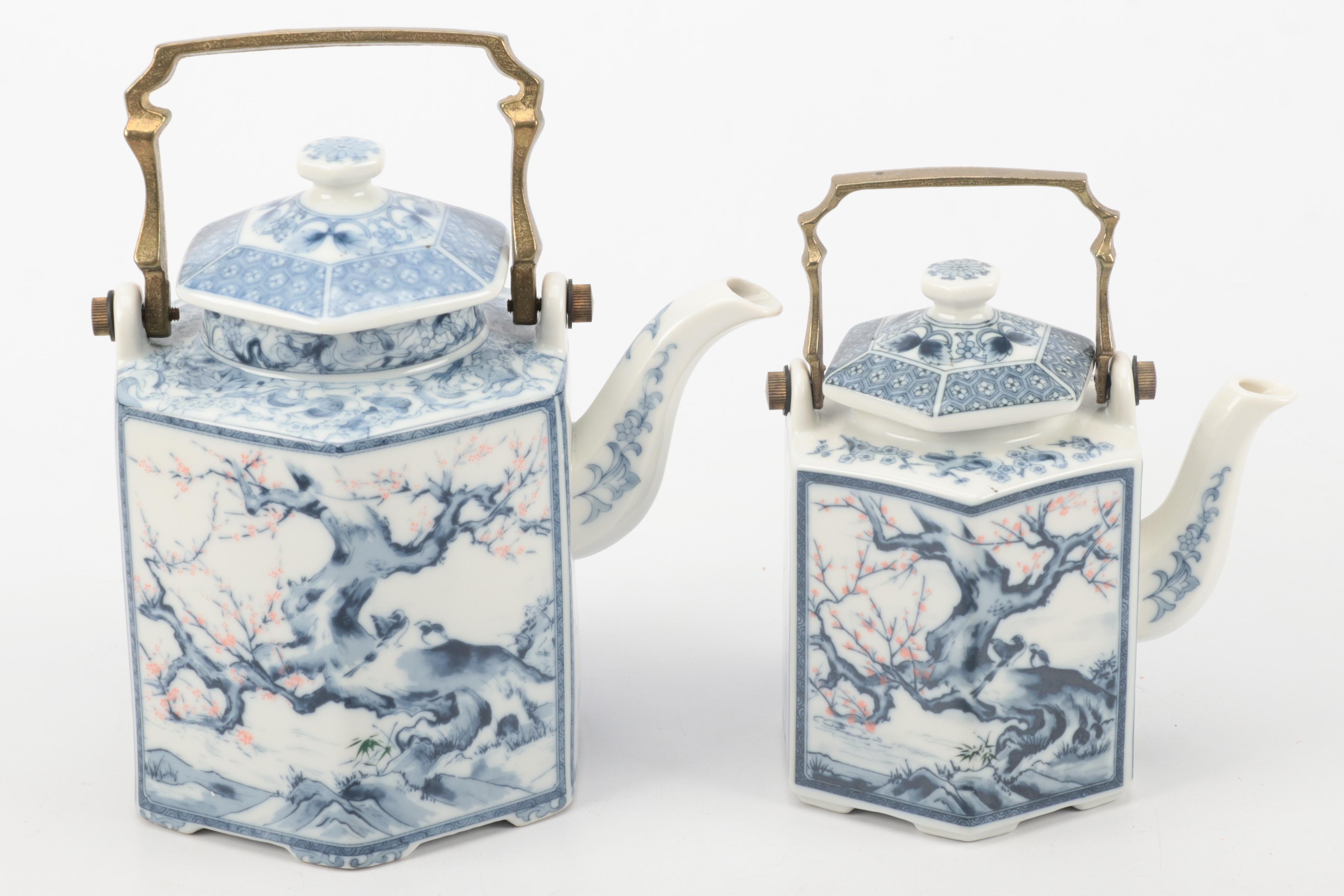 Japanese Cherry Blossom Blue on White Porcelain Tea Service