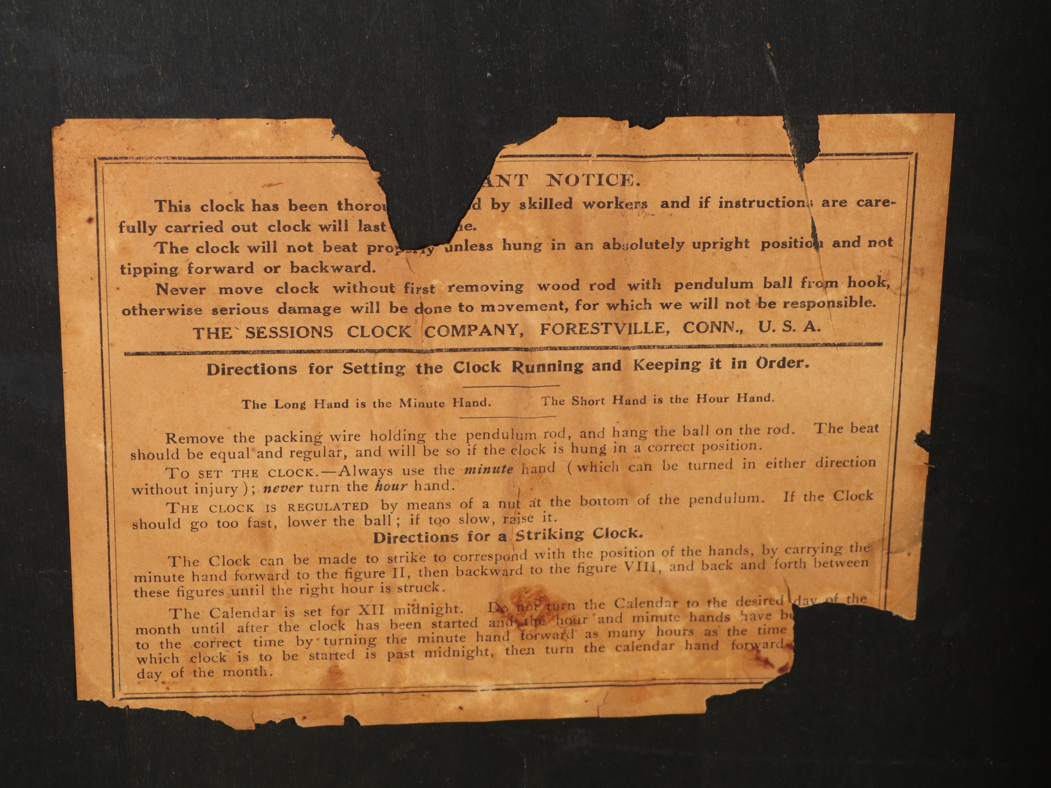 Session Clock Co. Stained Oak Wood Wall Clock, Early 20th Century