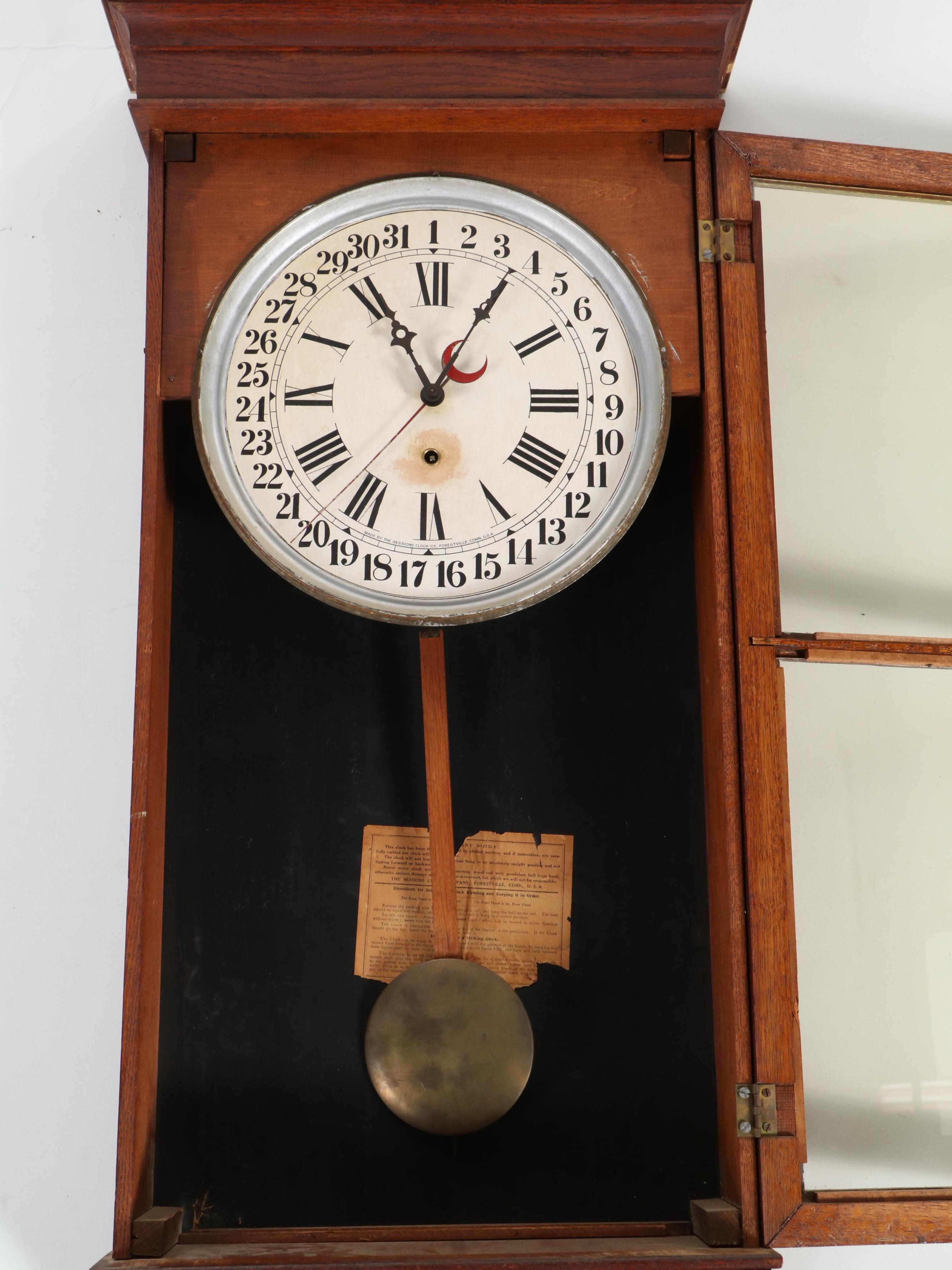 Session Clock Co. Stained Oak Wood Wall Clock, Early 20th Century