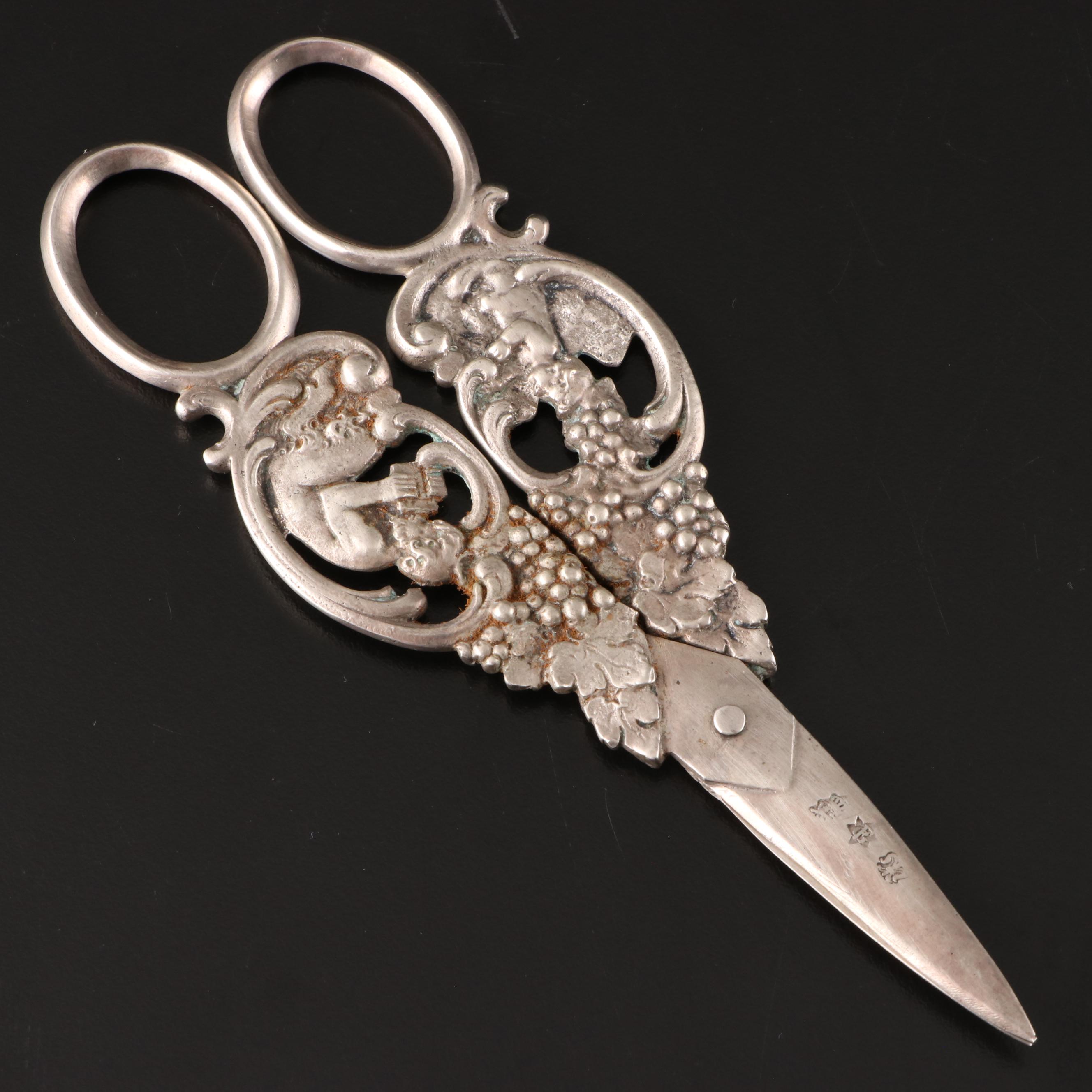 Hanau 800 Silver Grape Scissors with Putto and Satyr Handles