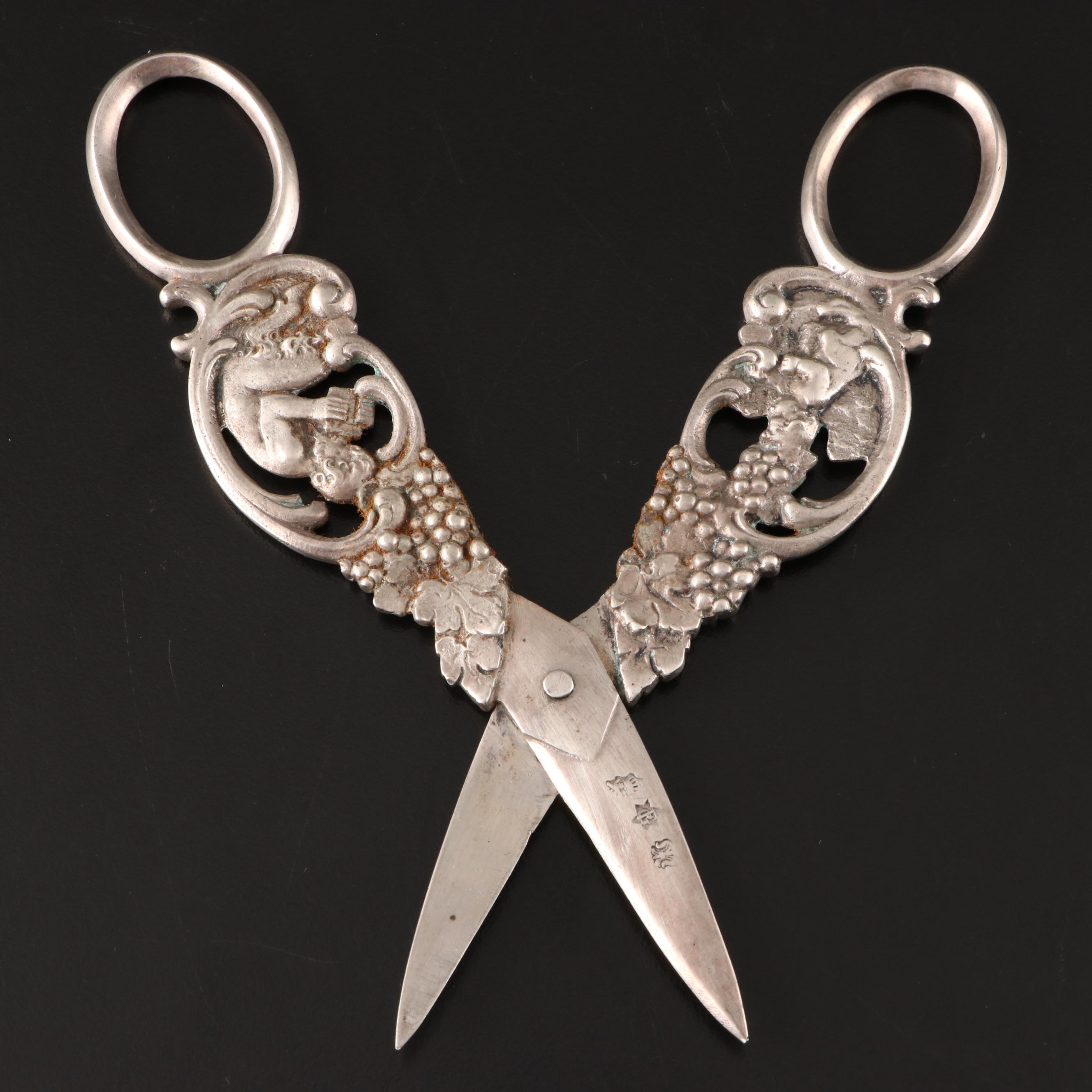 Hanau 800 Silver Grape Scissors with Putto and Satyr Handles