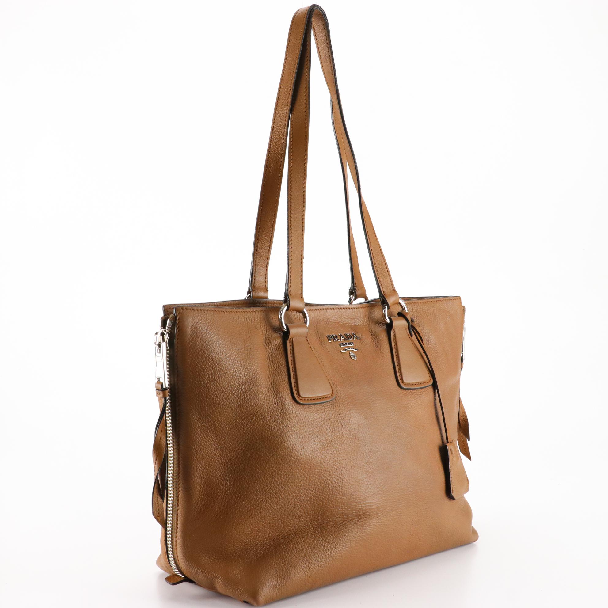 Prada Shopping Tote with Side Zippers in Vitello Daino Leather