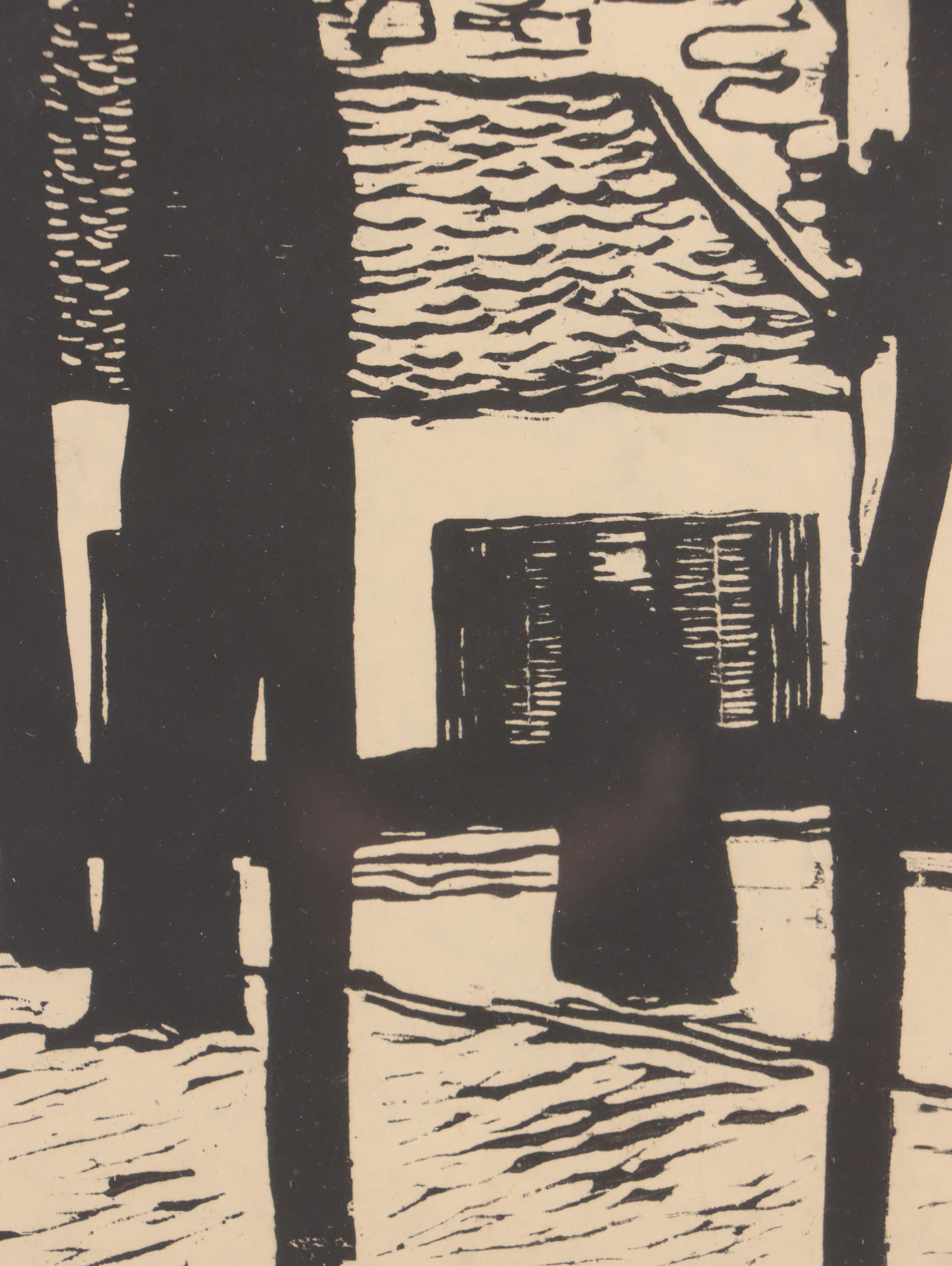 Woodcut of Neighborhood Street Scene