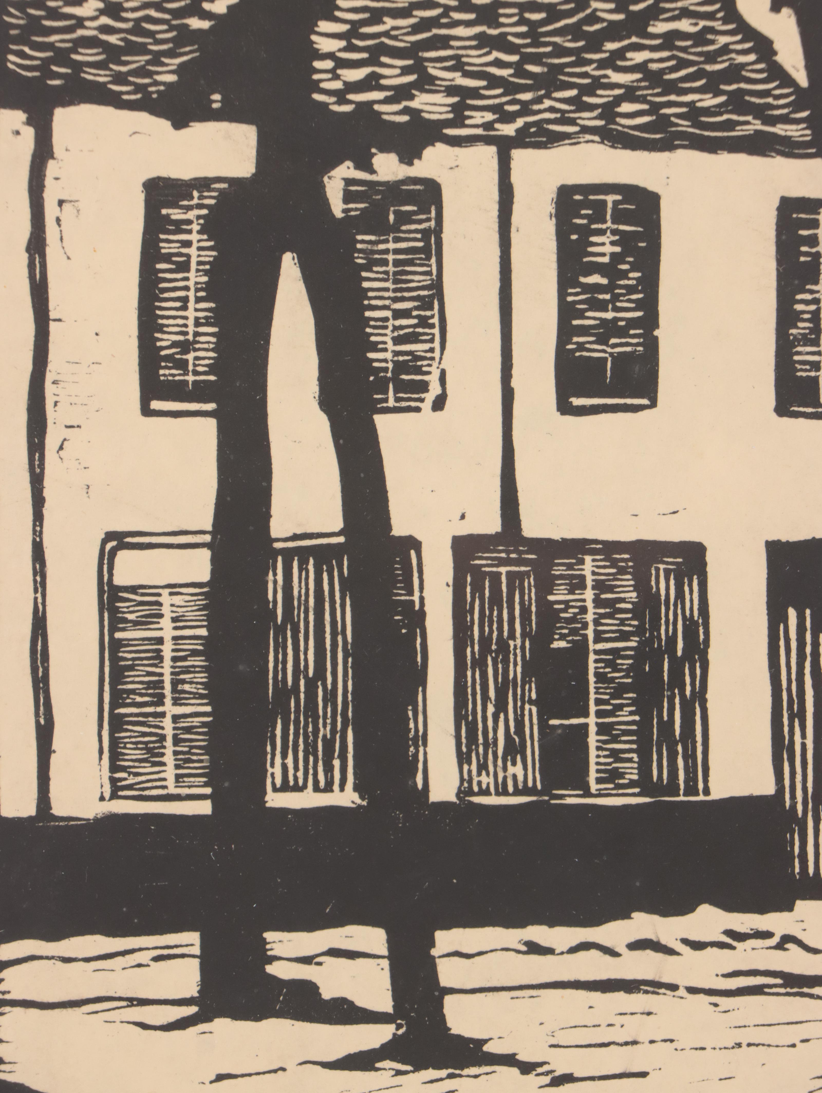 Woodcut of Neighborhood Street Scene