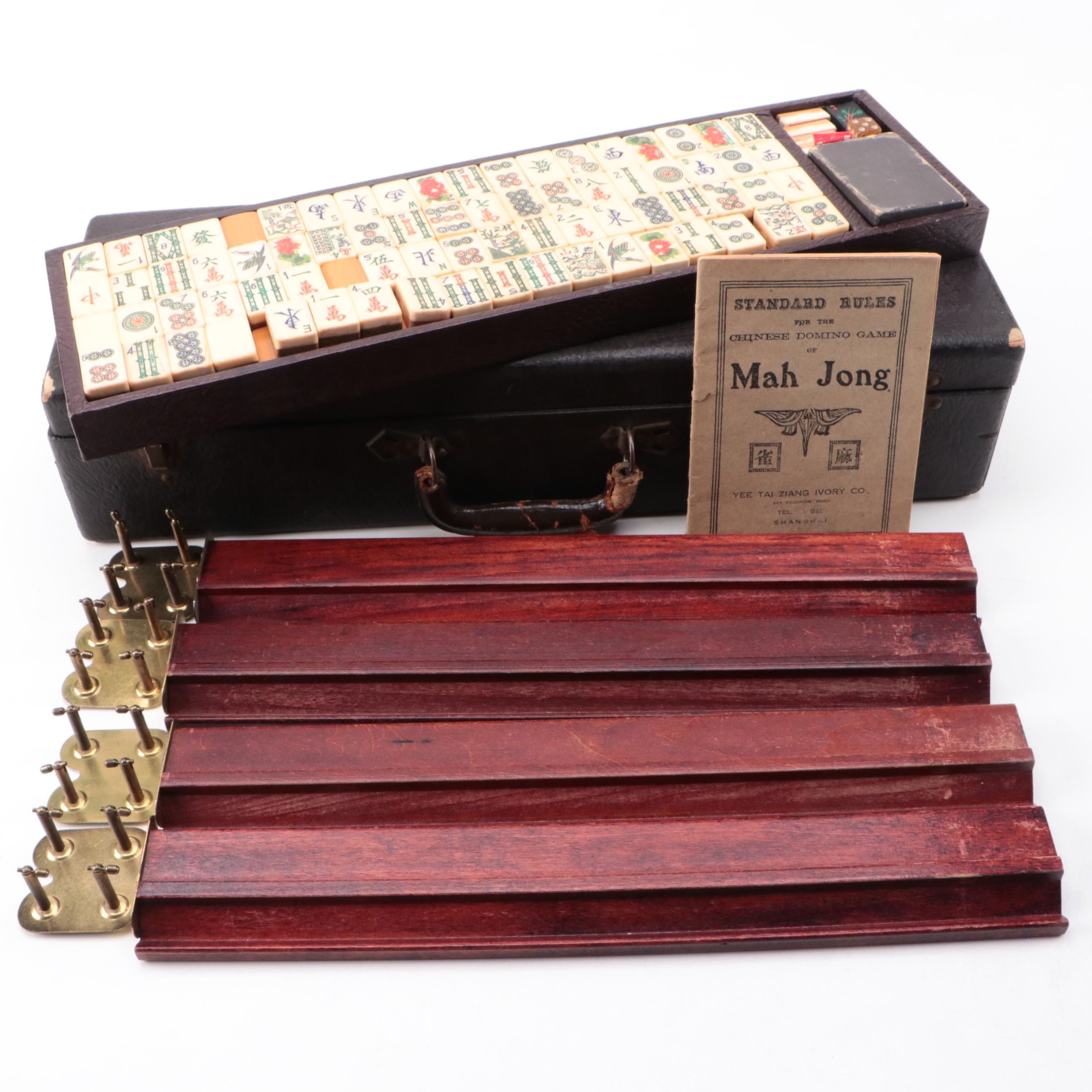Mahjong Bone/Bamboo Tiles with Scoring Chips and Wooden Racks in Case