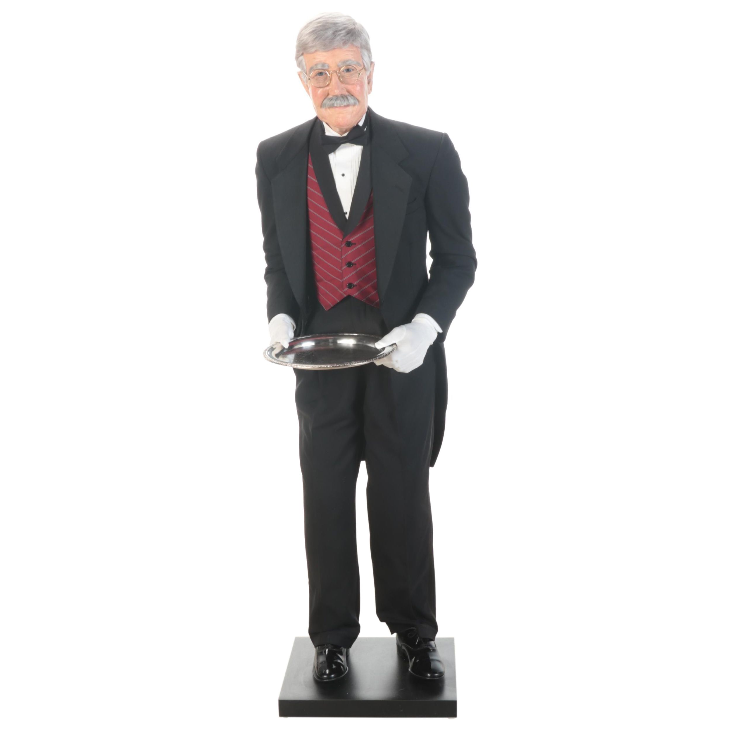 Hyper Realistic Life-Sized Mixed Media Sculpture of Butler With Serving Tray
