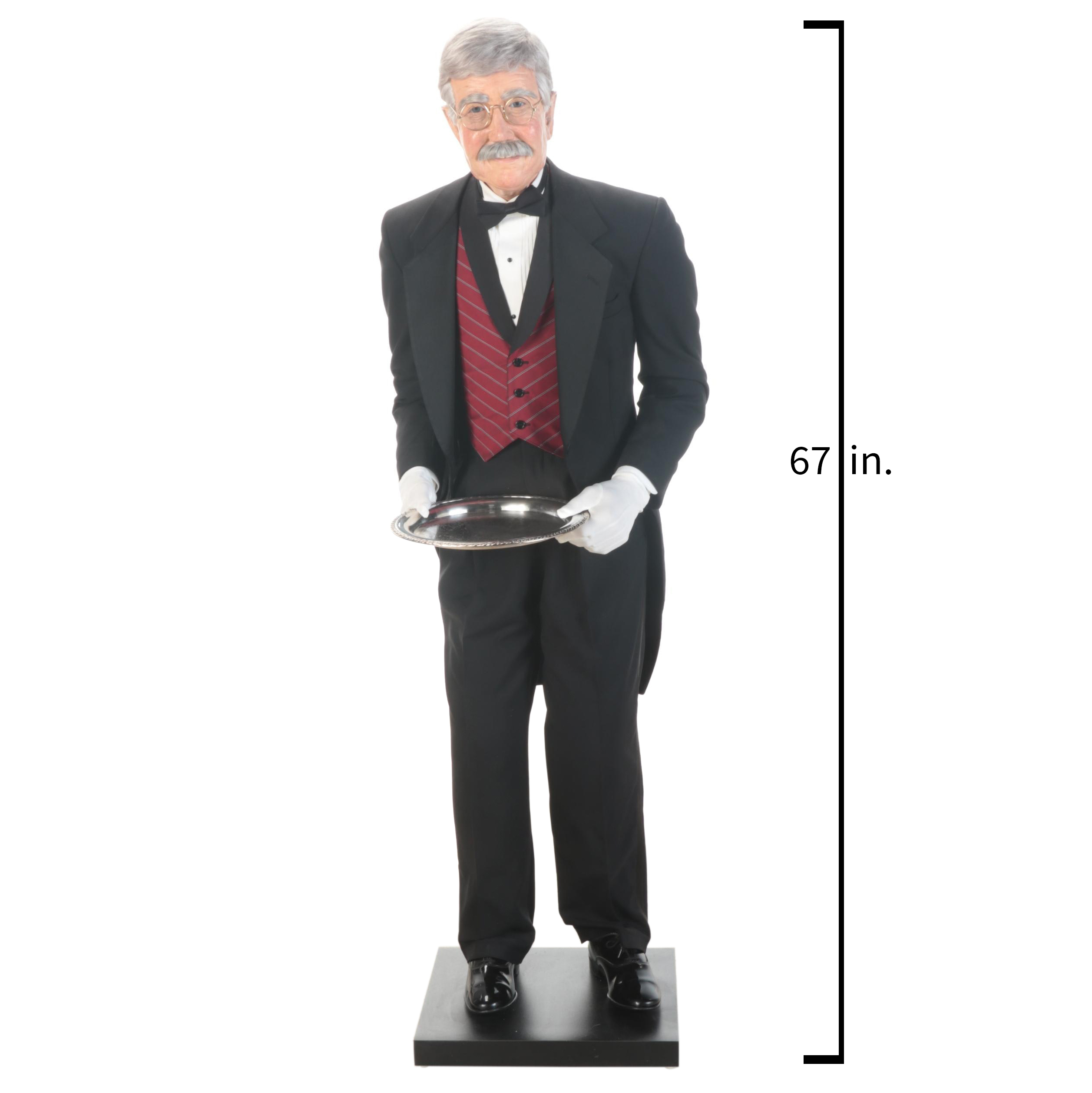 Hyper Realistic Life-Sized Mixed Media Sculpture of Butler With Serving Tray