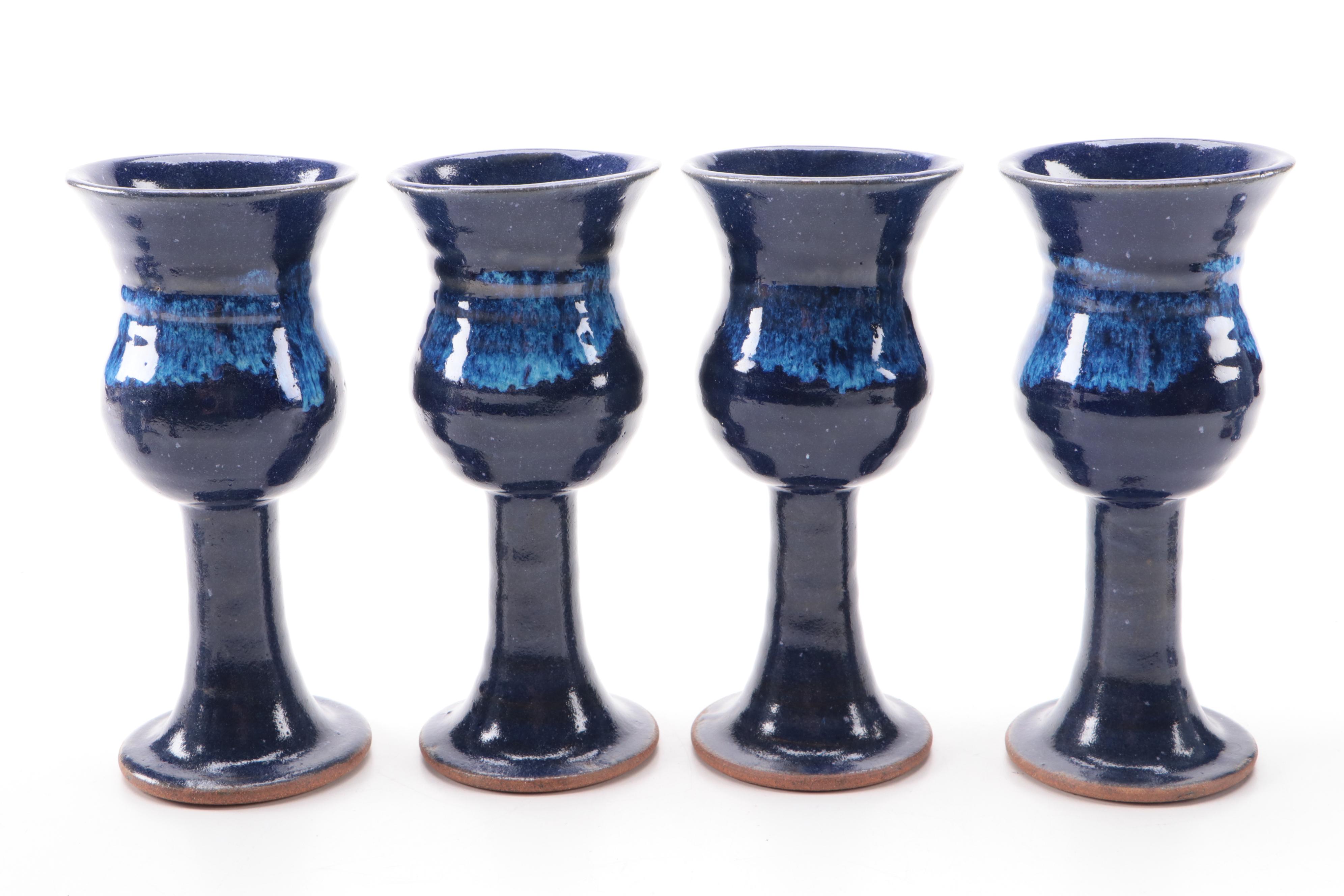 Blue Glazed Earthenware Art Pottery Goblets