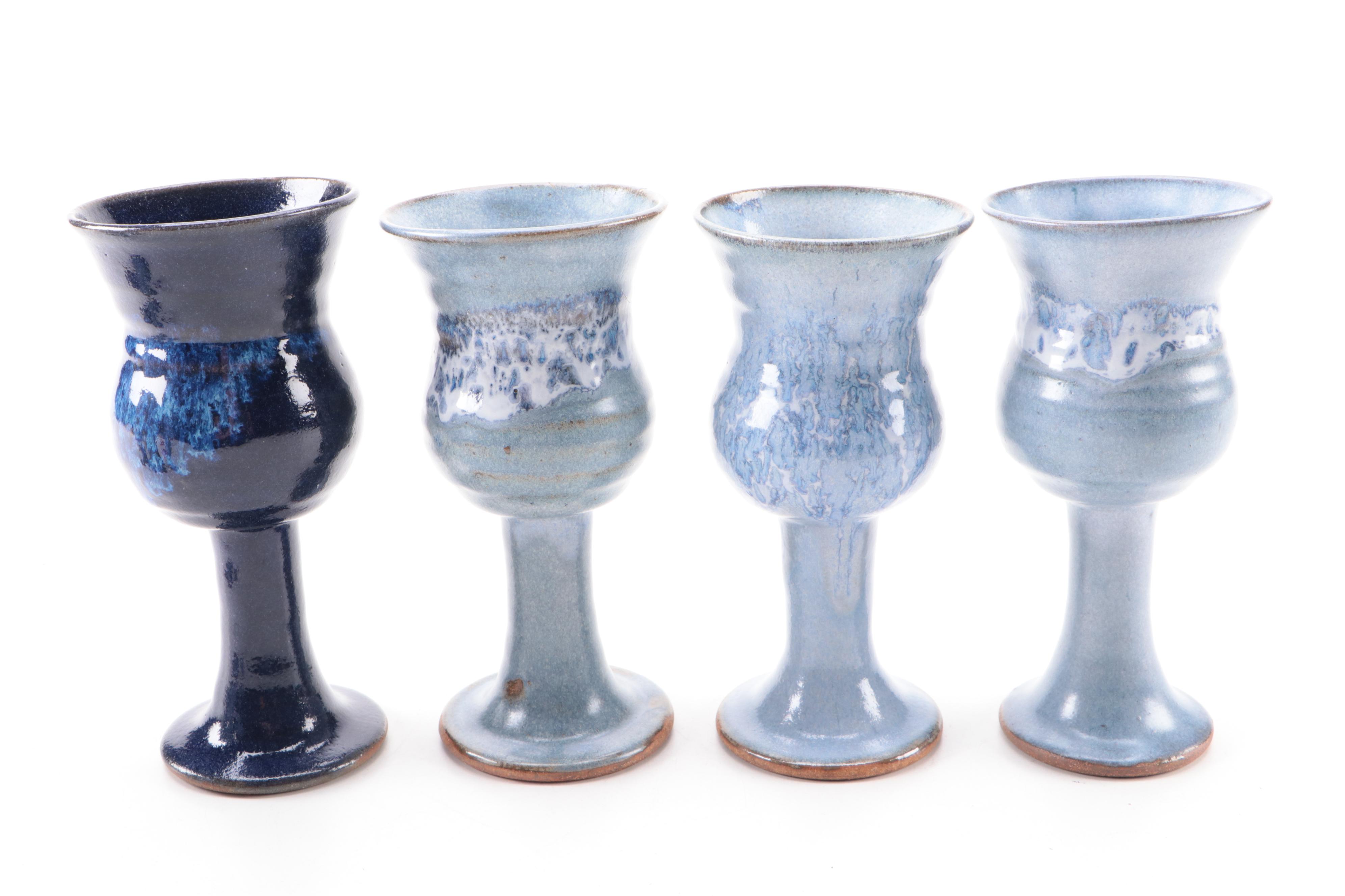 Blue Glazed Earthenware Art Pottery Goblets