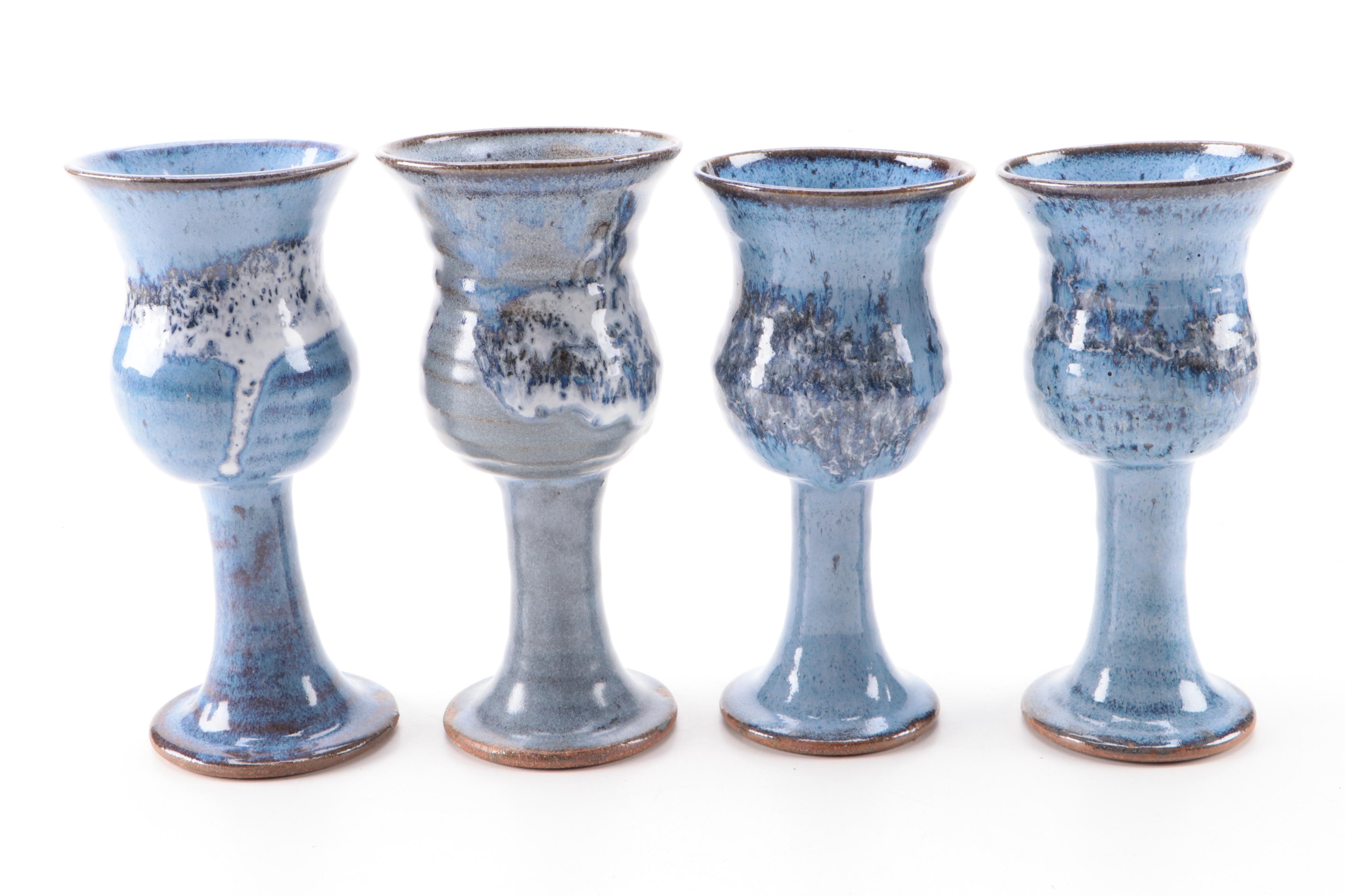 Blue Glazed Earthenware Art Pottery Goblets