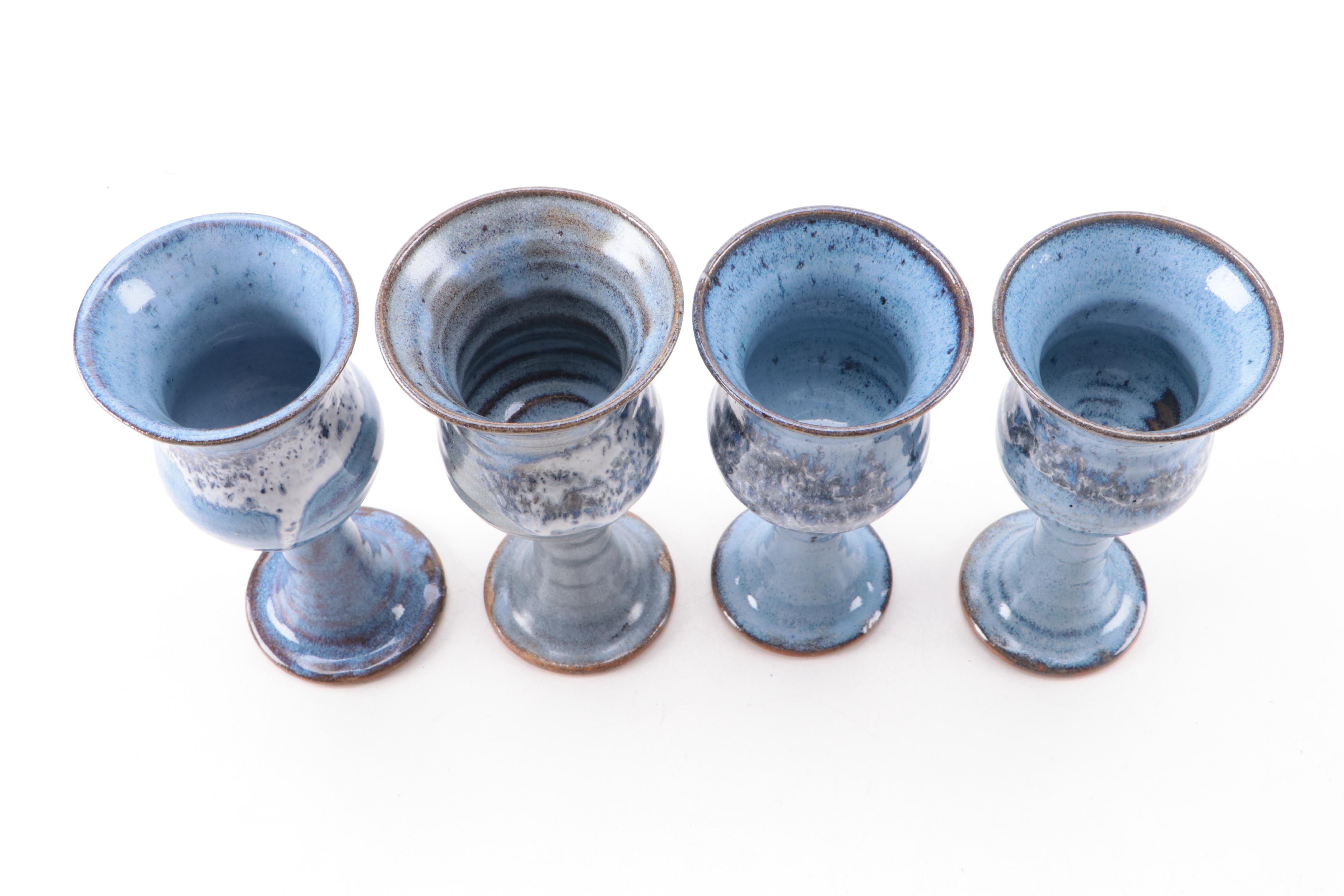 Blue Glazed Earthenware Art Pottery Goblets