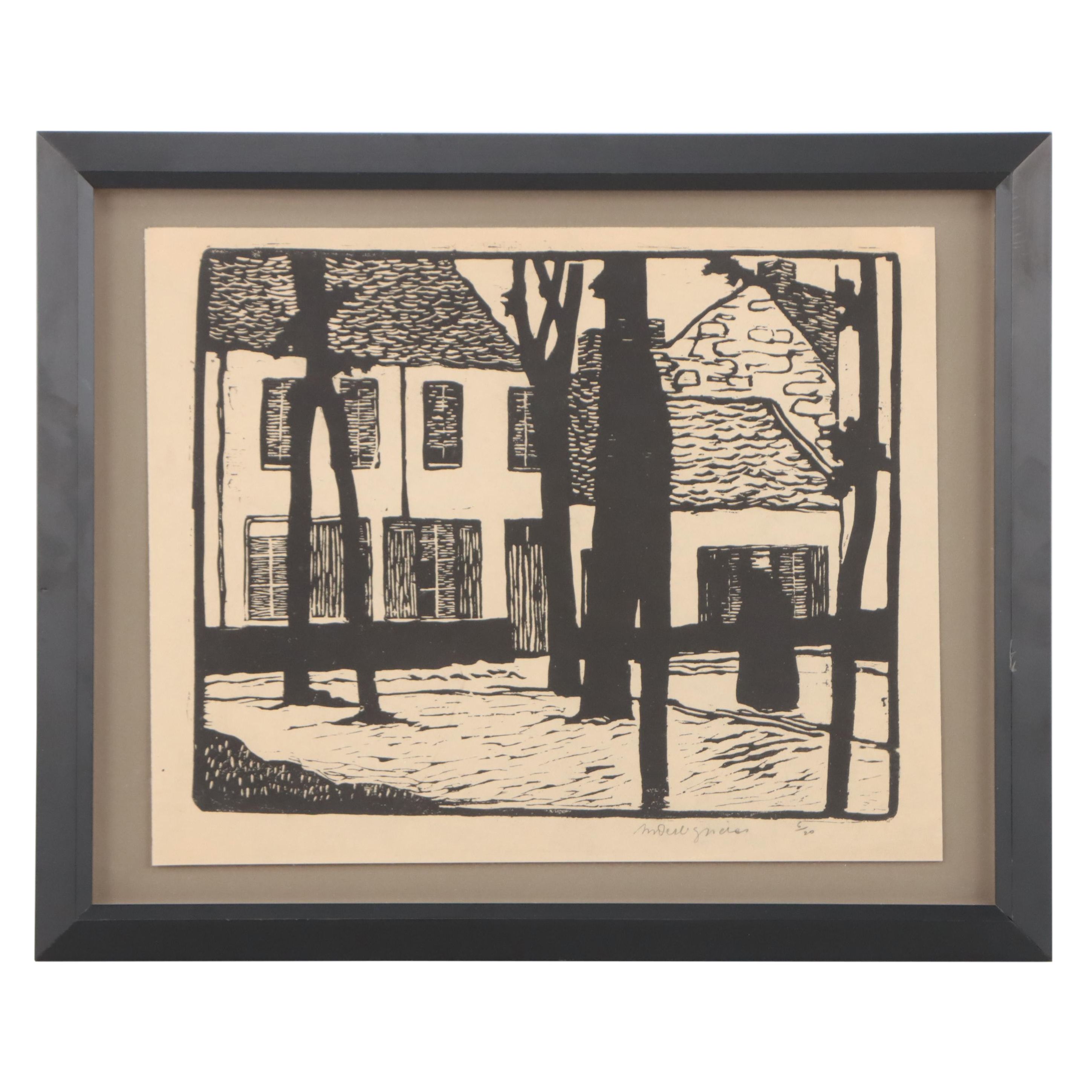 Woodcut of Neighborhood Street Scene