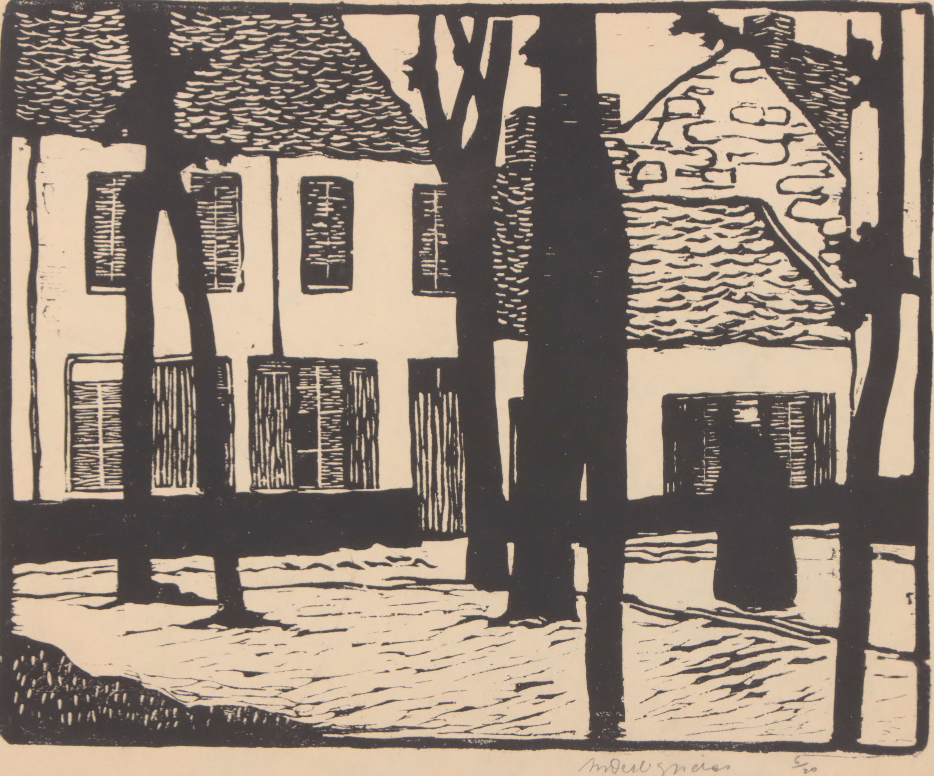 Woodcut of Neighborhood Street Scene