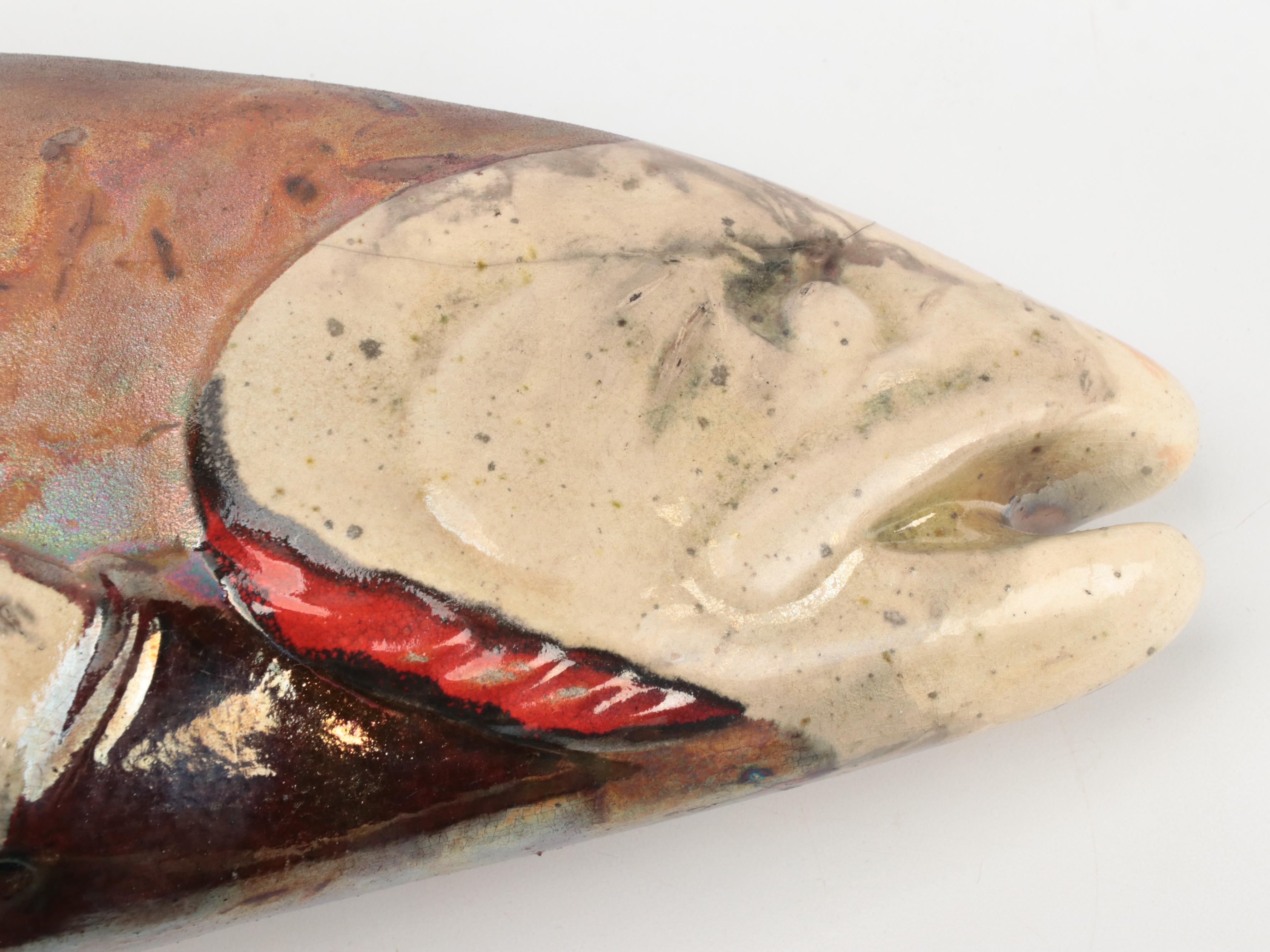Raku-Glazed Studio Pottery Trout Wall Sculptures, Signed 